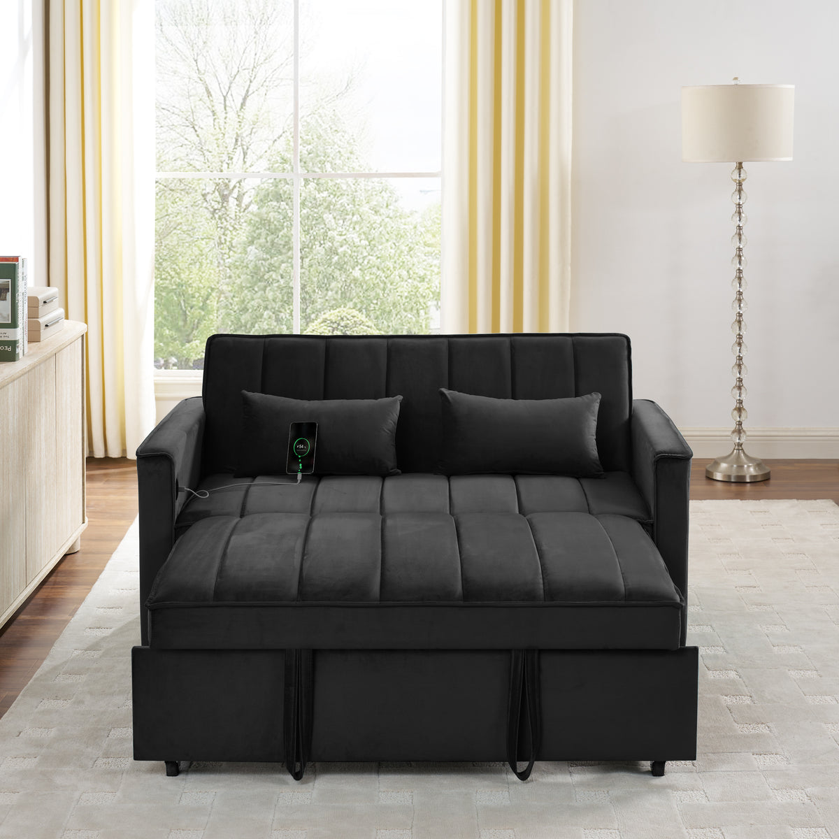 54.33" Modern Foldable Velvet Sofa Bed, Adjustable Back, Pull-Out Design, 3 Length Options, Black