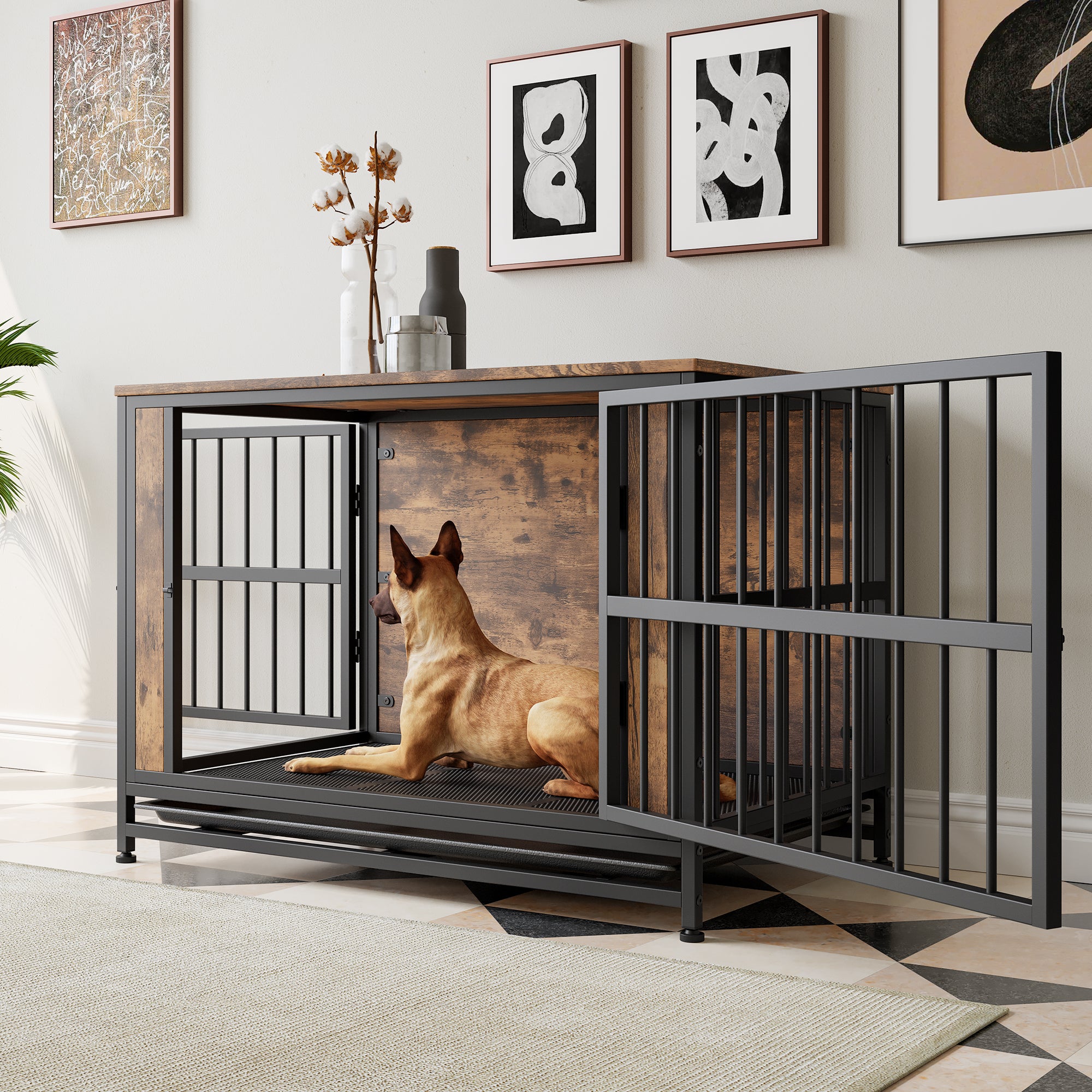 Wooden Dog Crate Furniture, 38.9" with 2 Sliding Doors, Rustic Brown