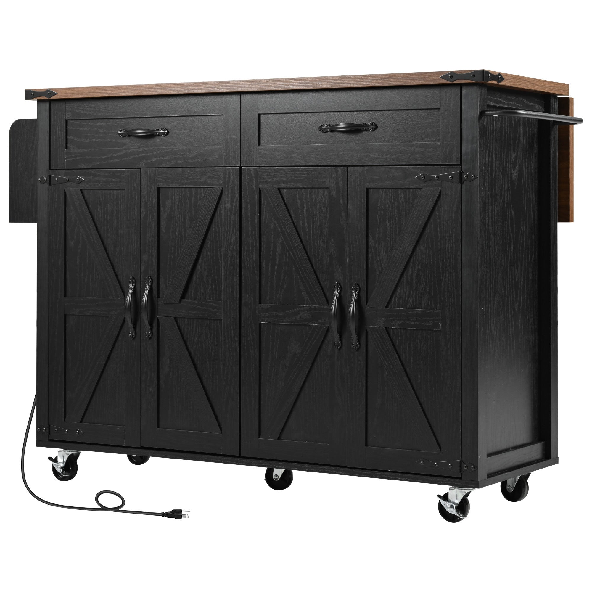 K&K 53.5''Farmhouse Kitchen Island with Drop Leaf, Spice Rack and Drawer, Rolling Kitchen Cart on Wheels, Black