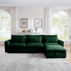 Corduroy Sectional Sofa,  L Shaped Couch with Storage Footstool and 3 Pillow, Sectional Couch for Living Room Apartment, Green