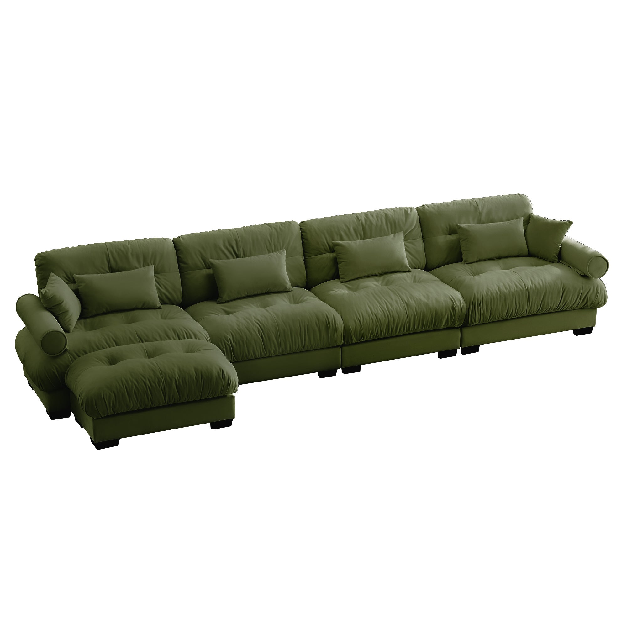 L-Shaped Convertible 4-Seater Cloud Sofa, Modern Velvet with Pillows and Bolstered Armrests,Olive green