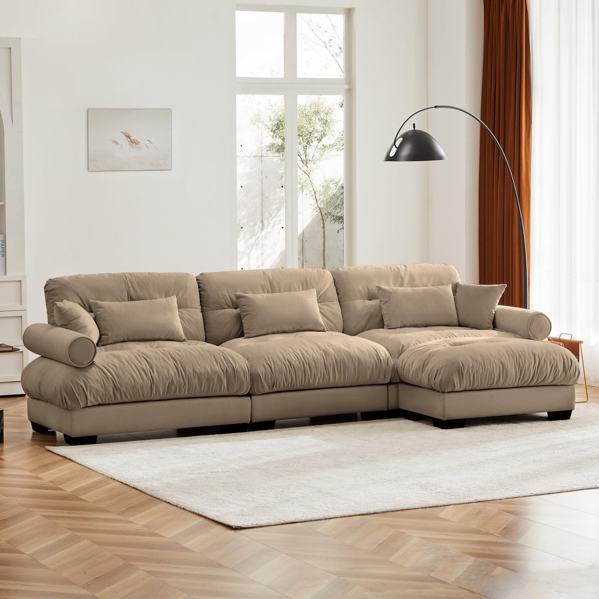 Oversized Modular Velvet Sectional Sofa with Ottoman, Deep Seat L-Shaped Cloud Couch for Living Room, Camel