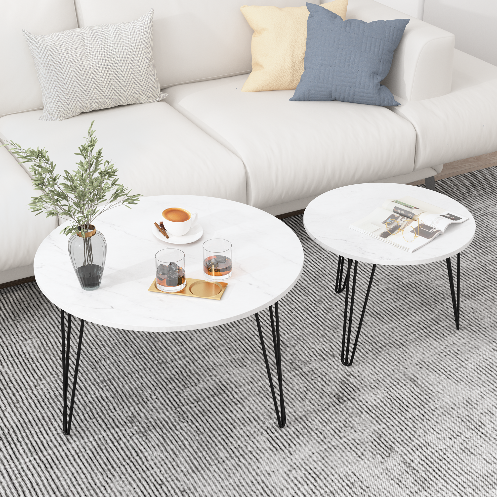 27.56'' Round Nesting Coffee Table Set of 2,  Circular Nesting End Table Set, Round Marble Tabletop, and Sturdy Metal Base for Living Room, bedroom, White