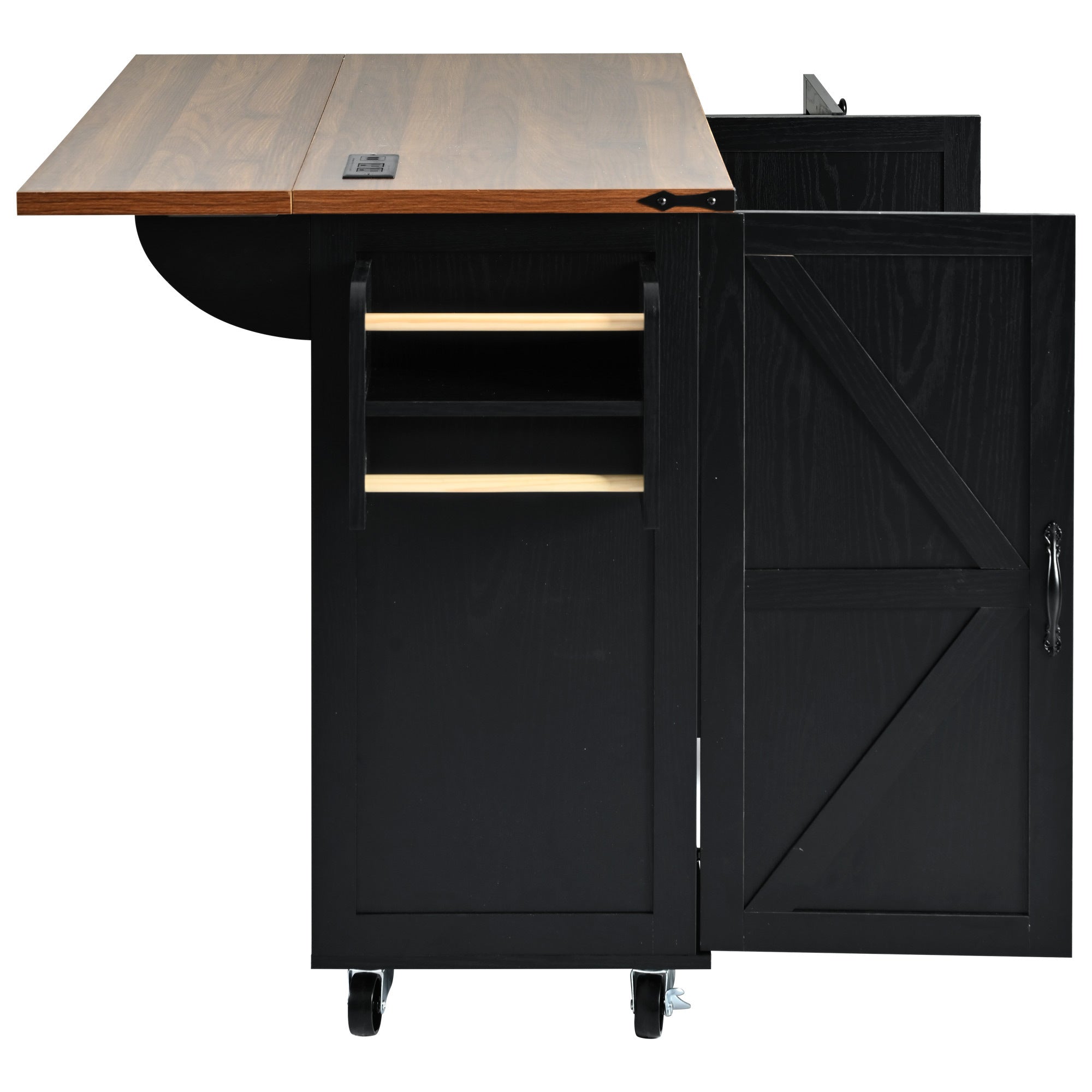 K&K 54.5" Kitchen Storage Island  with Internal Storage Rack, Drop Leaf, Spice Rack, Rolling Kitchen Cart on Wheels, Black