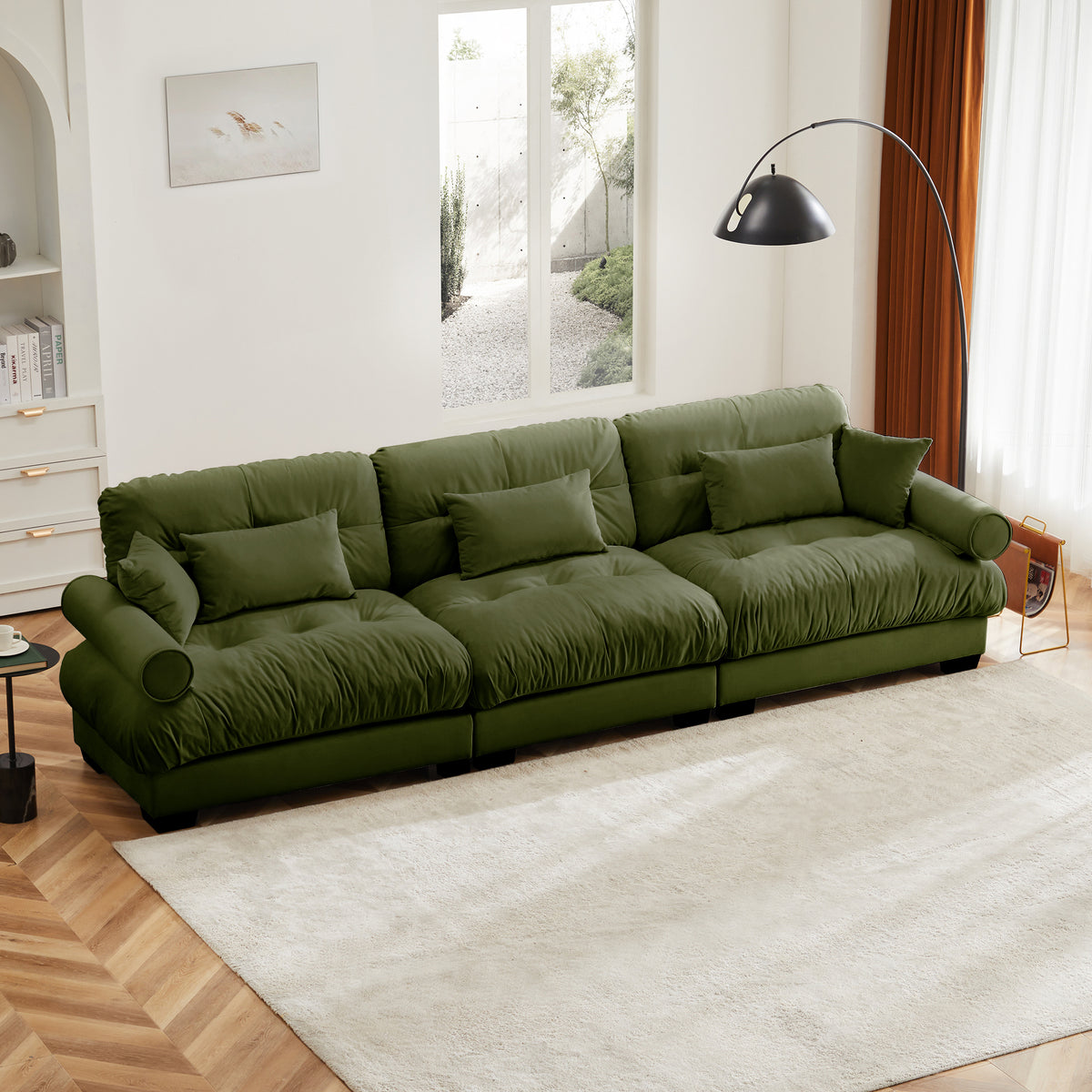 Extra-Large 3-Seater Modern Velvet Sofa, Oversized Cloud-Like Comfort with Waist and Throw Pillows, Olive green