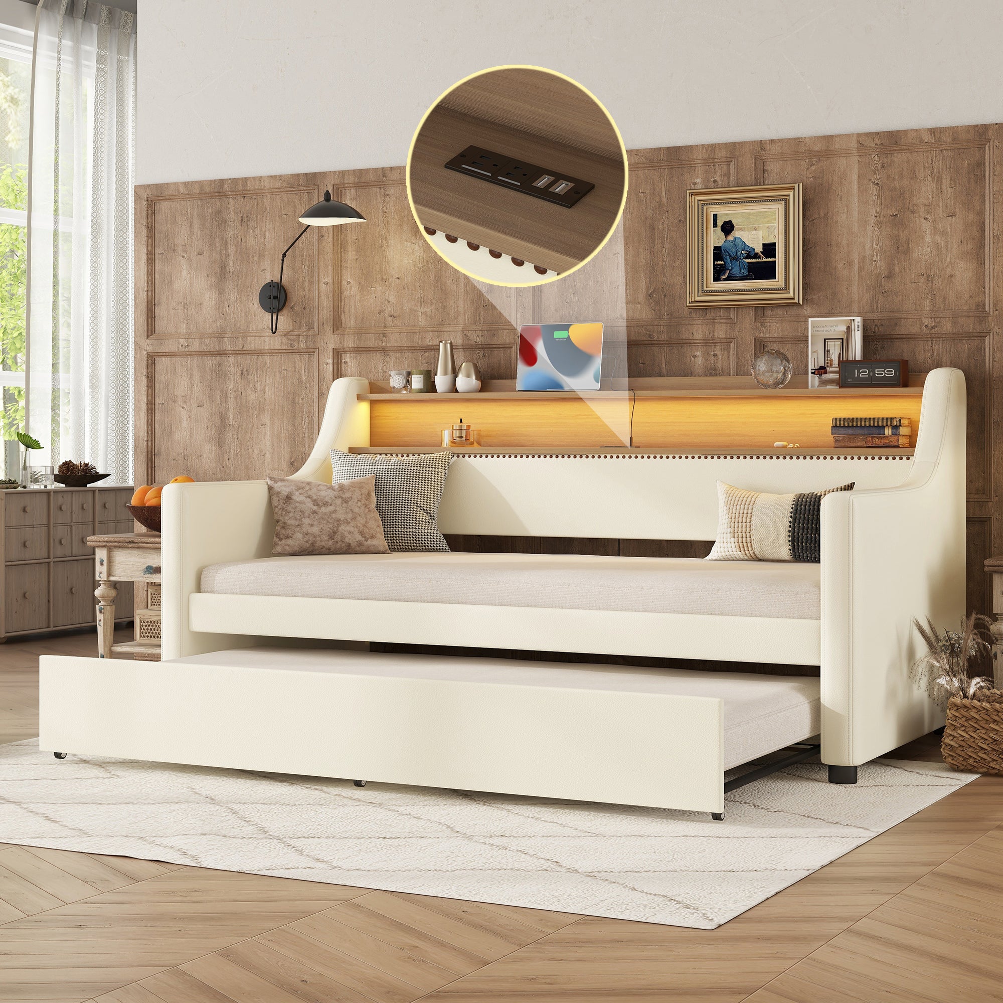 Twin Size Daybed with Trundle, Upholstered Sofa Bed with Charging Station and LED Lights, White