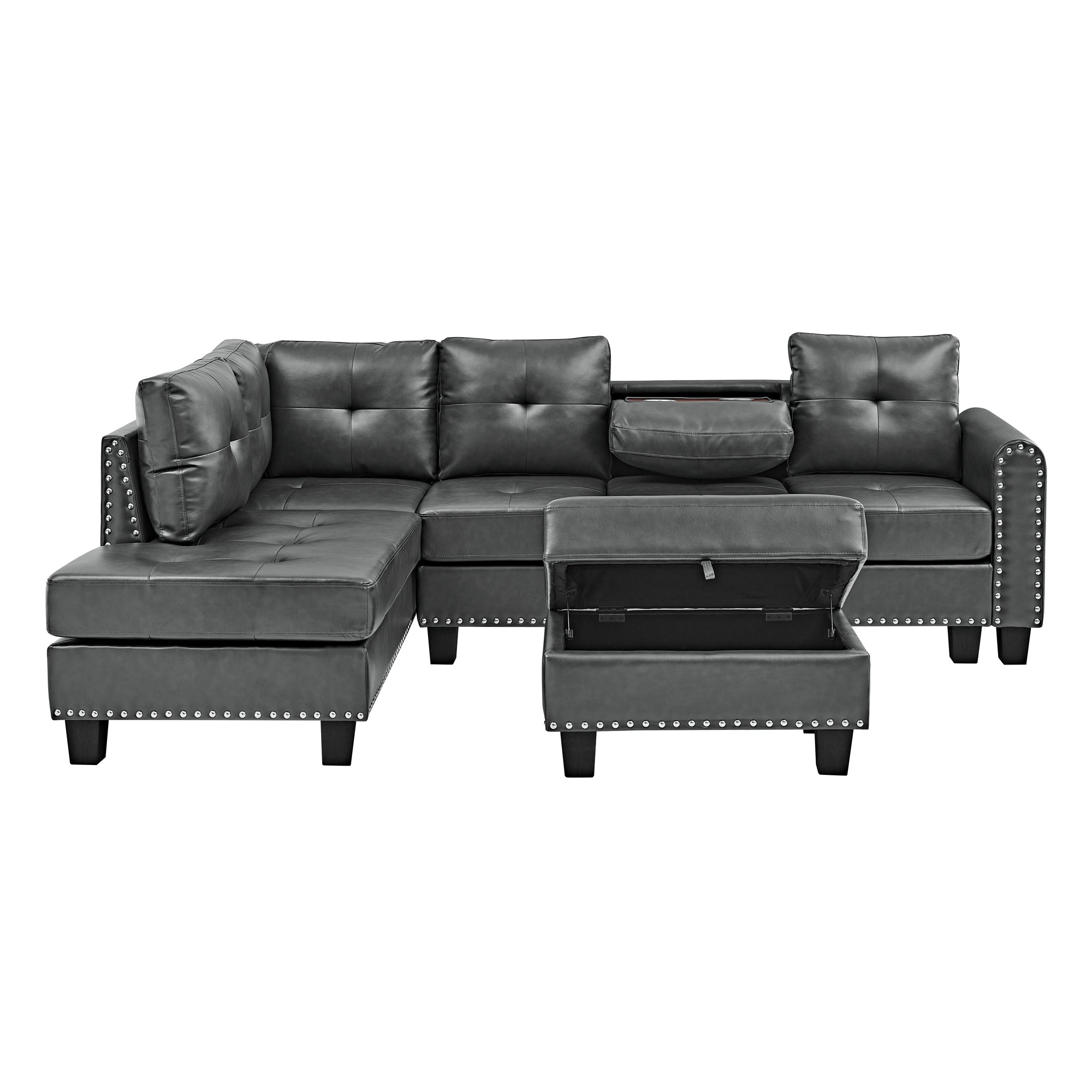 Sectional 3-Seaters Sofa , reversible recliner, Storage pad and wood grain cup holder, Non-slip leg, pu, grey