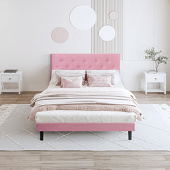 Queen Size Upholstered Platform Bed Frame with Modern Button Tufted Linen Fabric Headboard, No Box Spring Needed, Wood Slat Support, Easy Assembly, pink