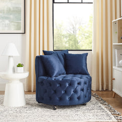 Velvet Upholstered Swivel Chair for Living Room, with Button Tufted Design and Movable Wheels, Including 3 Pillows, Blue