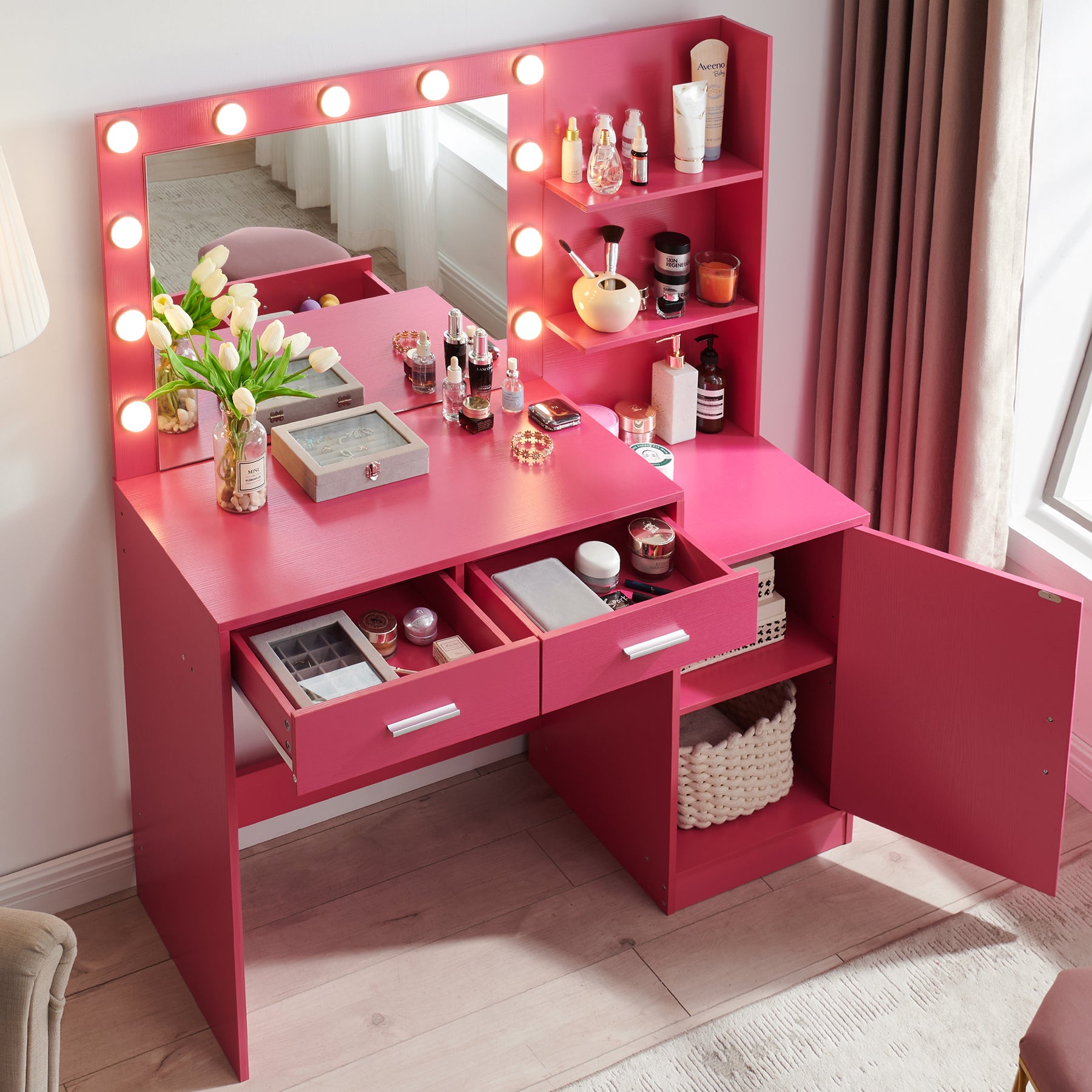 Vanity Desk with Mirror and Lights, 46.4IN Dressing Table with 2 Large Drawer&Large Vertical Organizer, 3 Level Dresser & 3 Lighting Modes Adjustable Brightness, Suitable for Bedroom(Rose Pink)