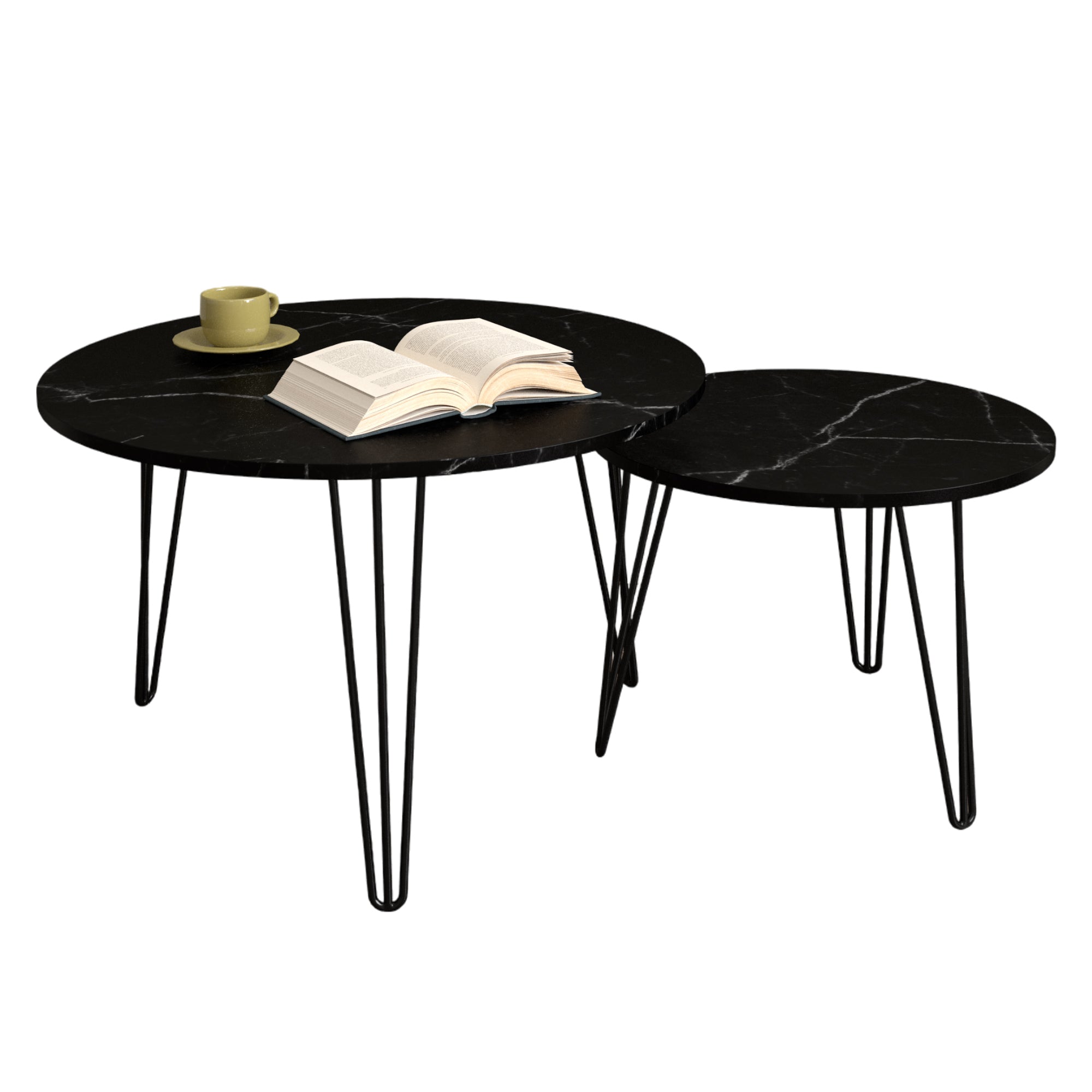 27.56'' Round Nesting Coffee Table Set of 2, Circular Nesting End Table Set, Round Marble Tabletop, and Sturdy Metal Base for Living Room, bedroom, Black