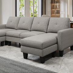 U-Shaped Sofa Coch 4-Seat Sofa with Chaise Polyester Fabric for Living Room Apartment Office (Light Grey)