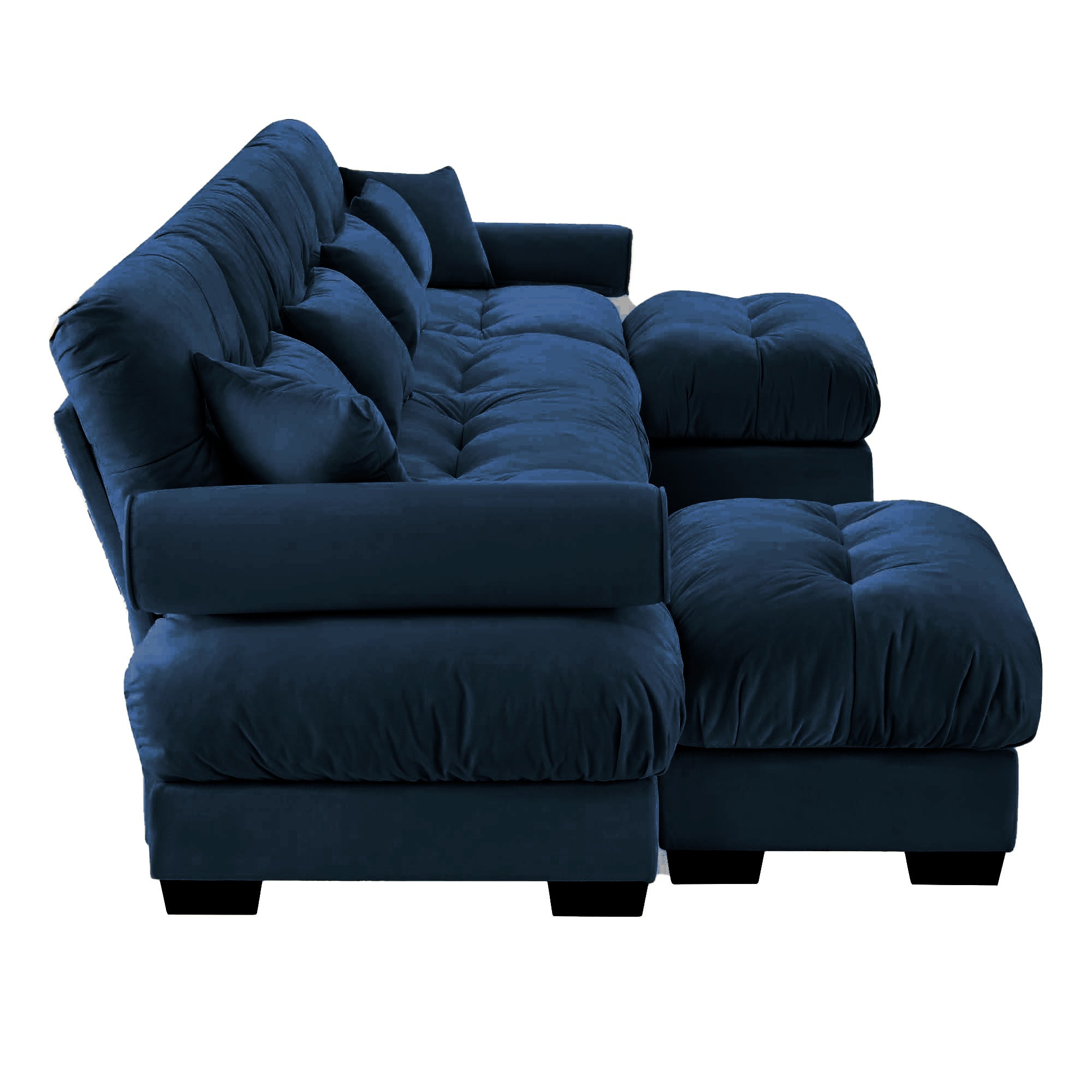 U-Shaped Velvet Sectional Cloud Couch with Movable Ottomans, Deep 4-Seater with Bolstered Armrests and Pillows, Blue