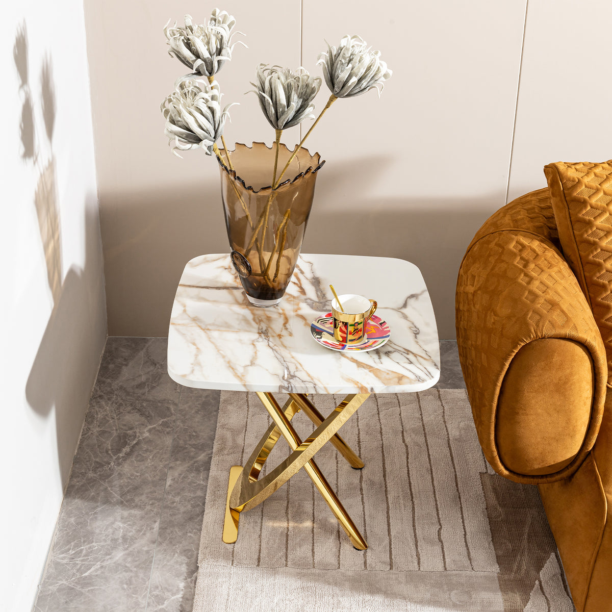 Square Marble Side Table, Gold Stainless Steel Base