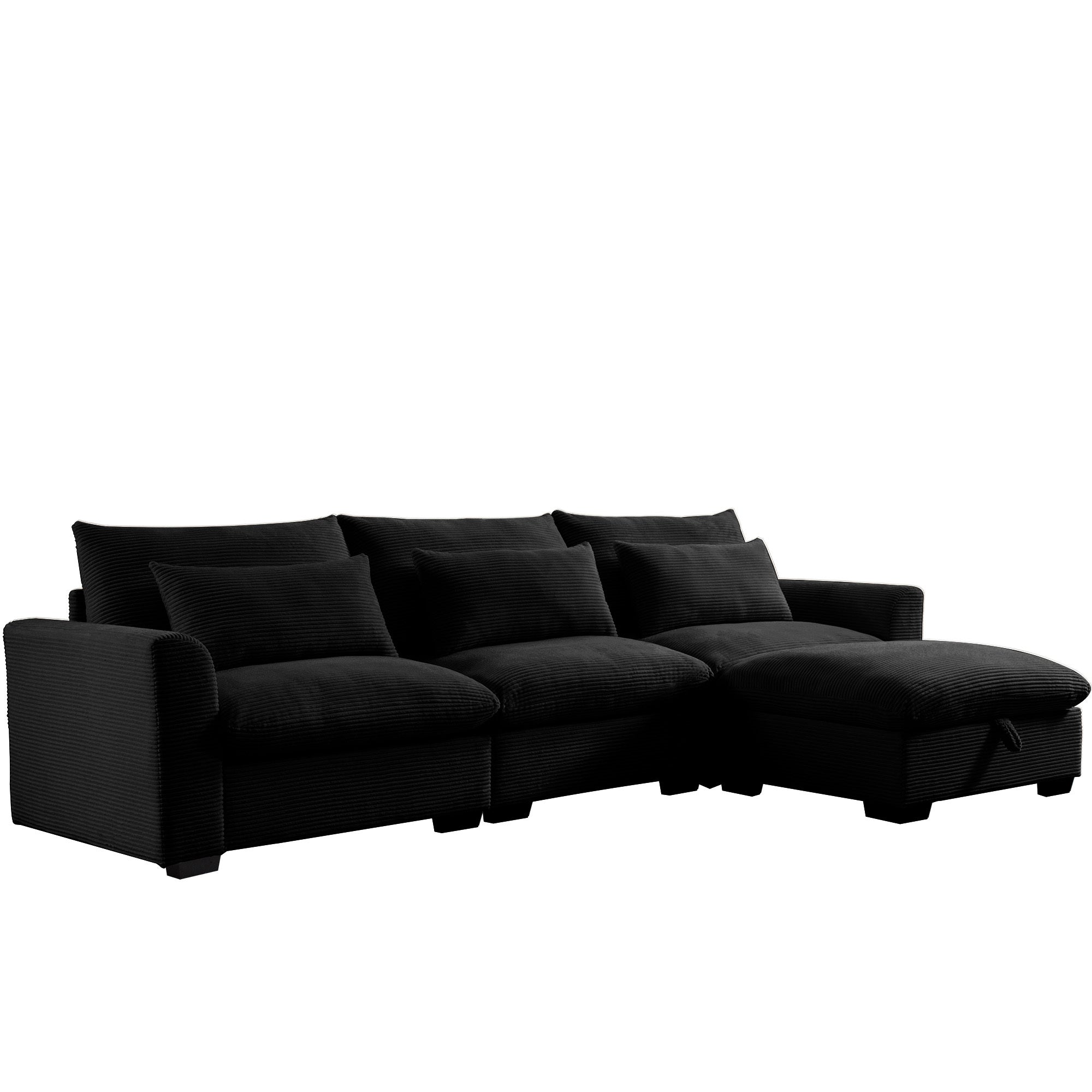 Corduroy Sectional Sofa,  L Shaped Couch with Storage Footstool and 3 Pillow, Sectional Couch for Living Room Apartment, Black