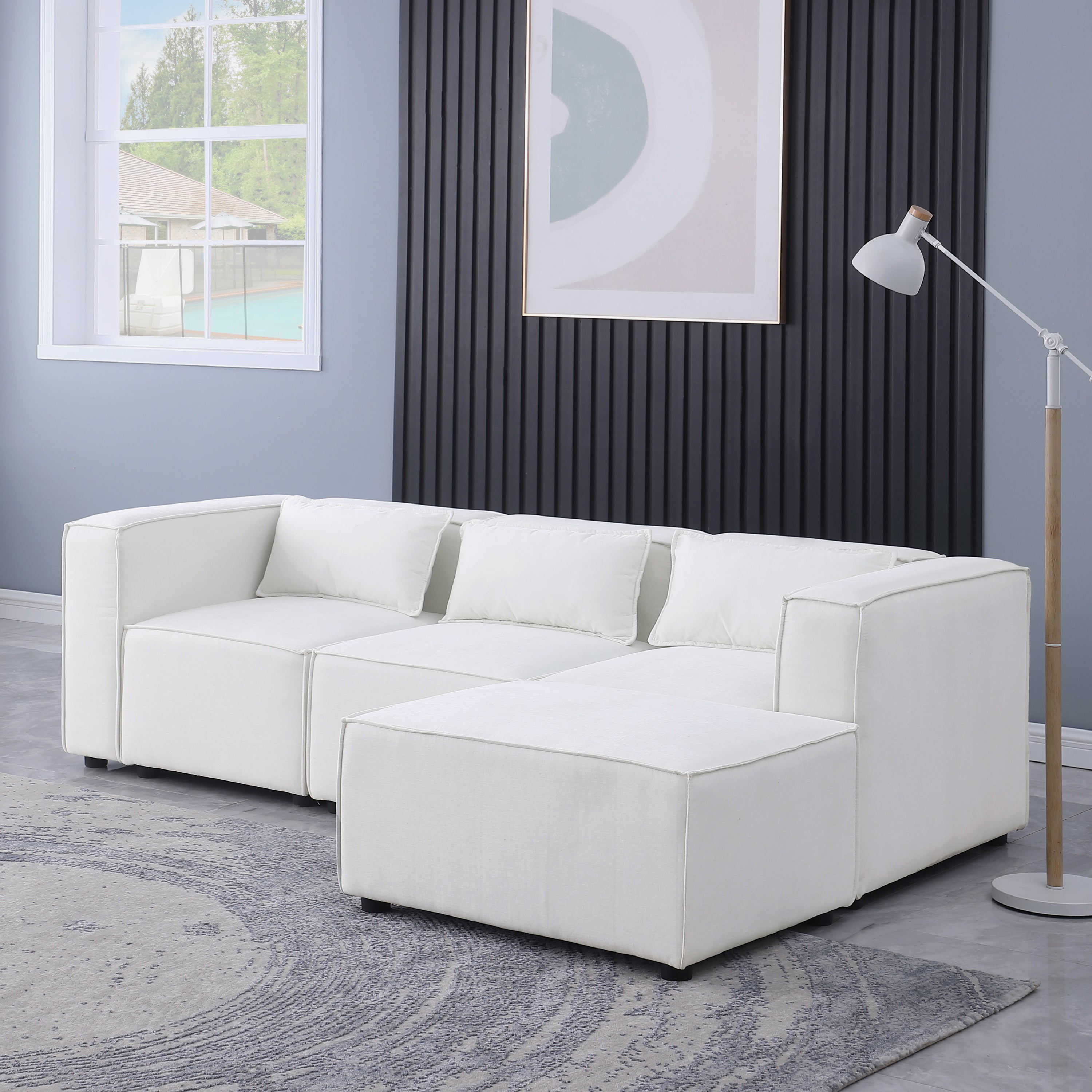 modular sofa Beige chenille fabric,  simple and grand, the seat and back is very soft. this is also a KNOCK DOWN sofa