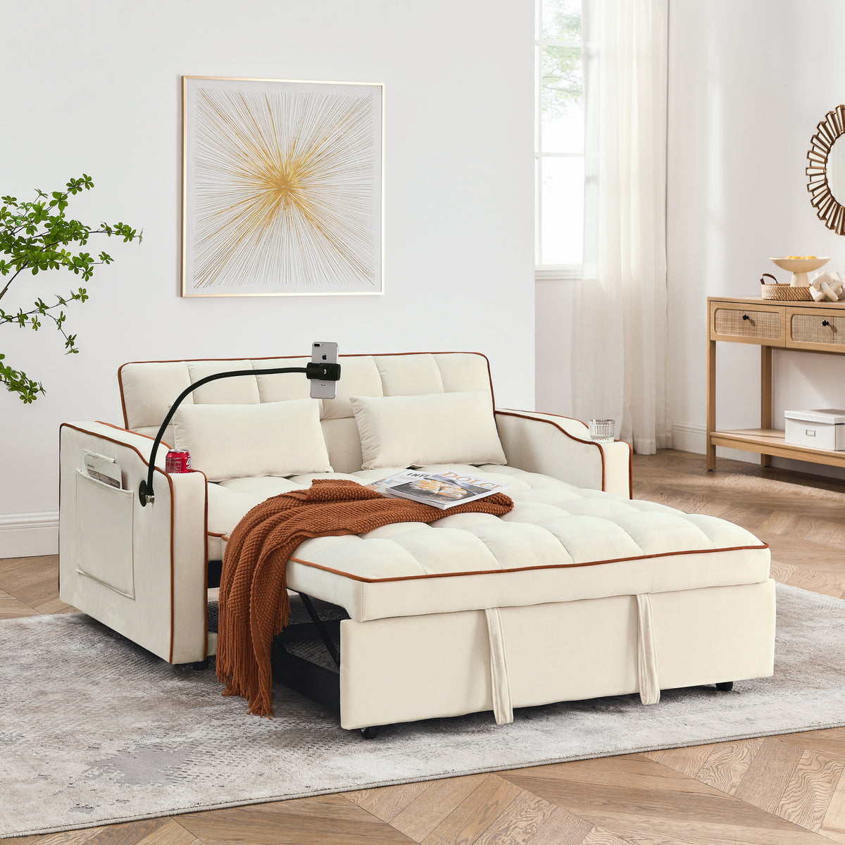 55.51" Foldable Velvet Sofa Bed with Adjustable Back, Pull-Out Design with USB Port, Ashtray, and Swivel Phone Stand, Beige