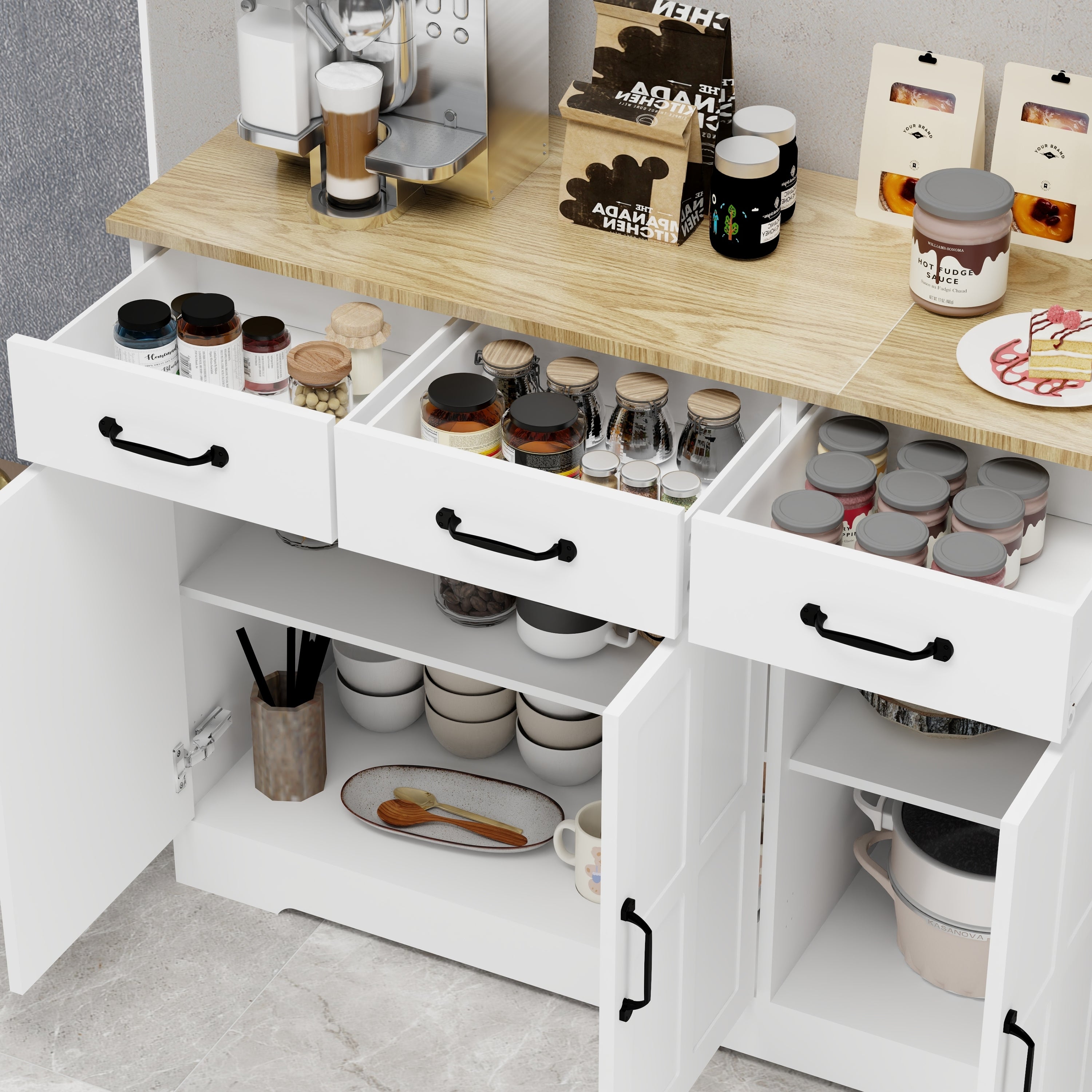 Farmhouse Buffet Cabinet Storage Sideboard with 3 Drawers and 3 Doors for Dining Living Room Kitchen Cupboard-White