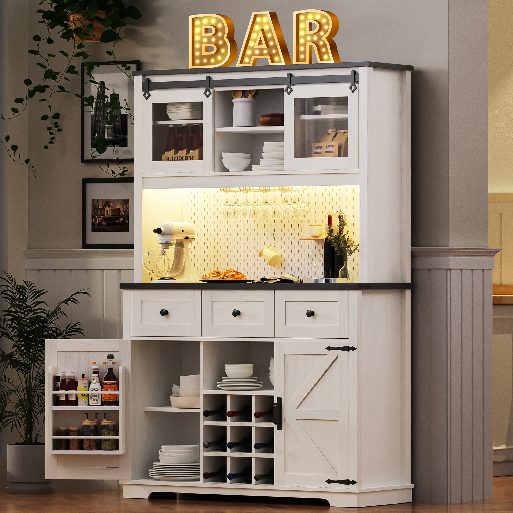 K&K 71" Kitchen Island with Hutch, Sliding Door, Pegboard, Wine & Glasses Rack, Rustic Coffee Bar Storage Cabinet, White