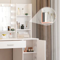 Vanity Desk with Mirror & Light, Large Drawer Three Level Storage Dresser, 3 Lighting Modes Adjustable Brightness, Bedroom Dressing Table (White with Stool)