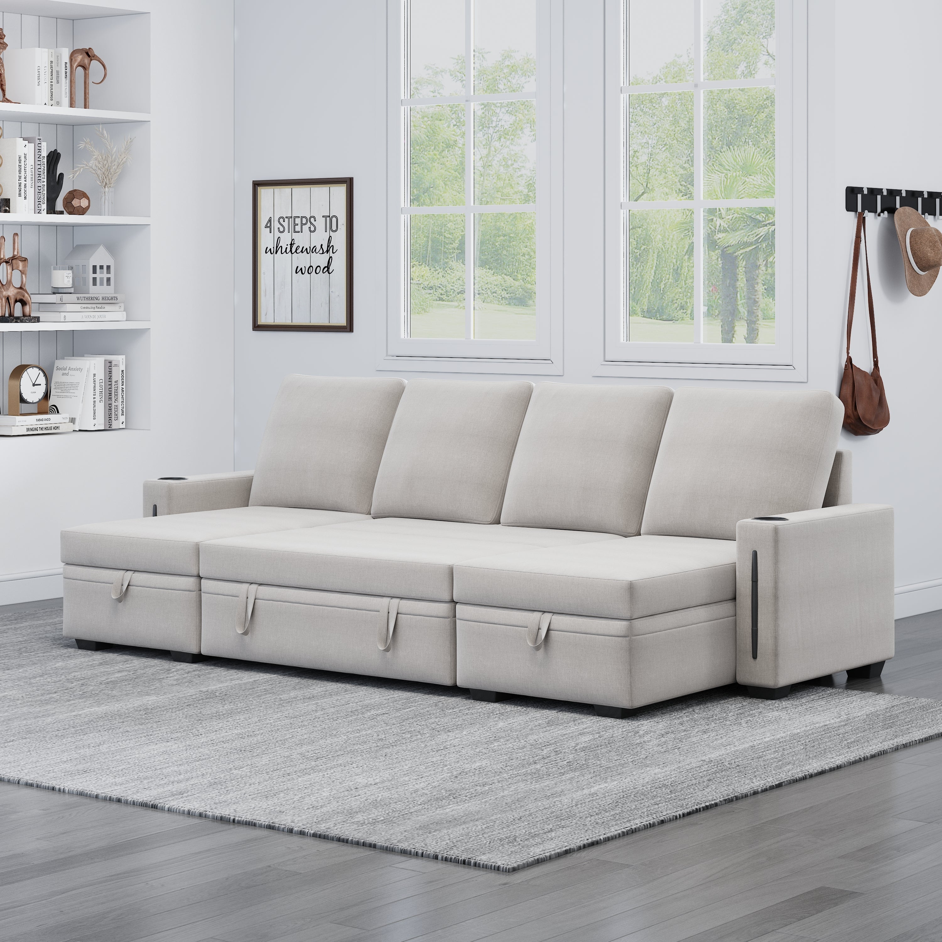 Sectional Sofa with Storage, 96" U Shaped Sectional Couches for Living Room, Comfy Convertible Sectional Sofa  - Beige