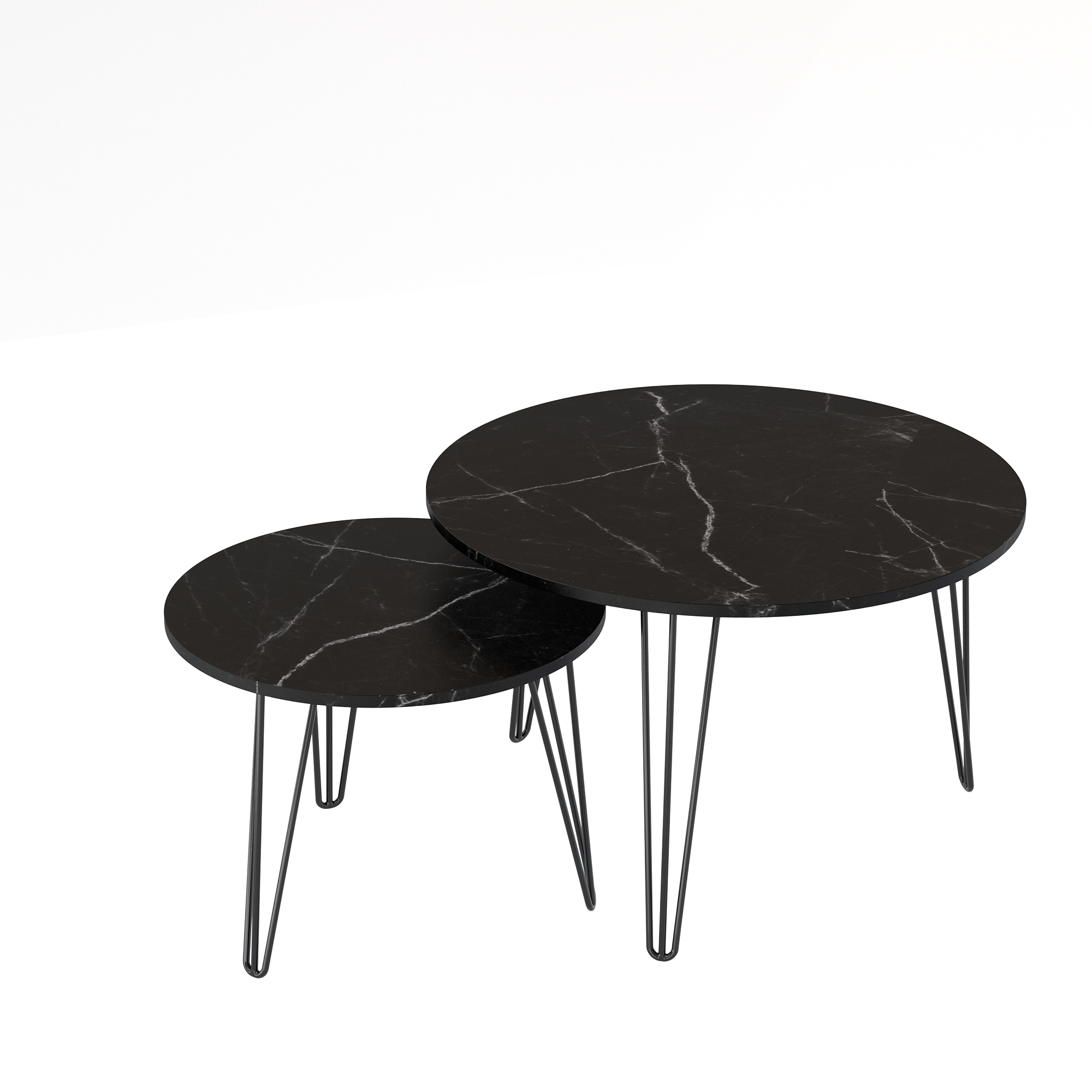 27.56'' Round Nesting Coffee Table Set of 2, Circular Nesting End Table Set, Round Marble Tabletop, and Sturdy Metal Base for Living Room, bedroom, Black