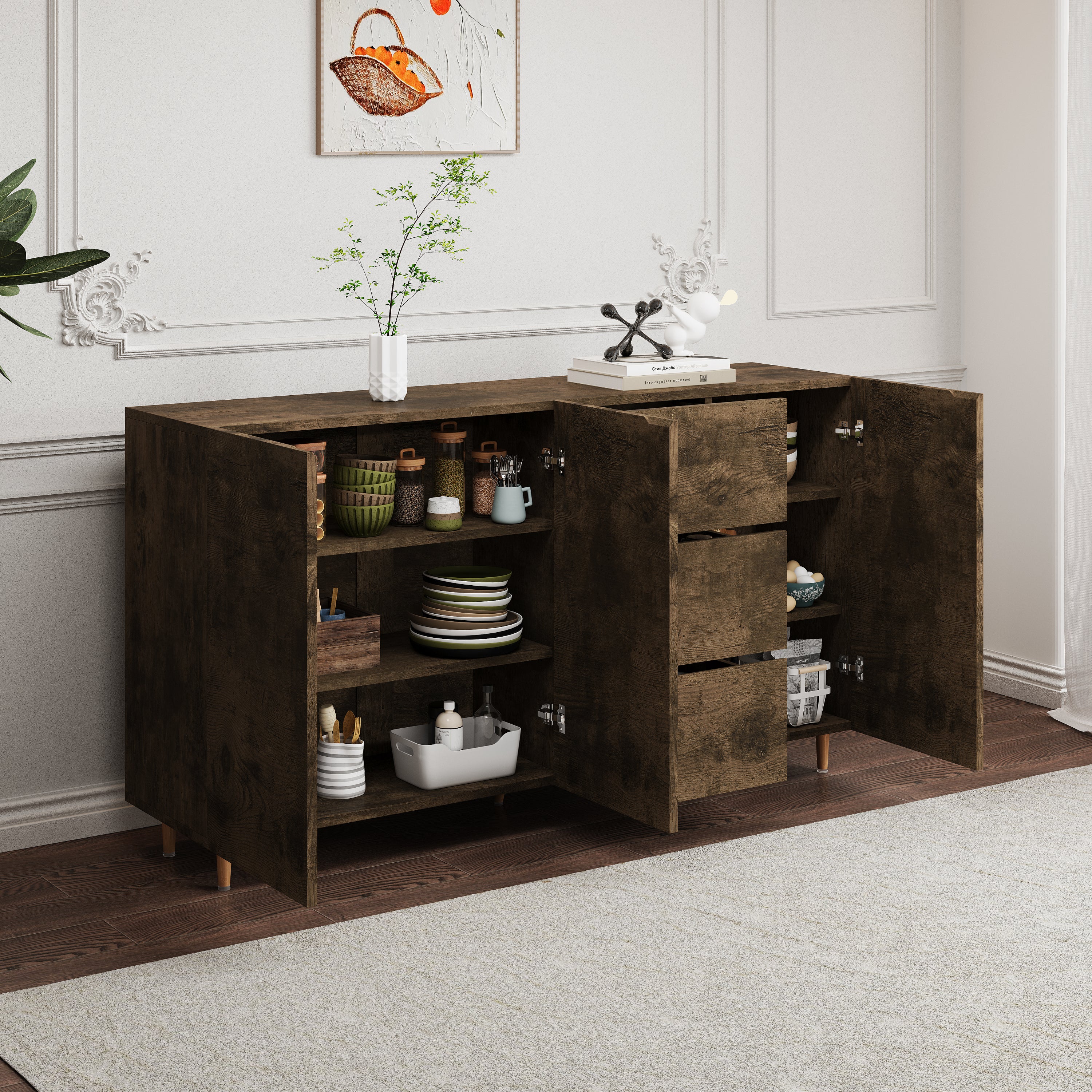 63" Black Brown Sideboard with Doors & Drawers for Storage Minimalistic Buffet for Dining Room