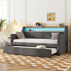 Twin Size Daybed with Trundle Bed, Upholstered Sofa Bed with Charging Station and LED Lights, Gray