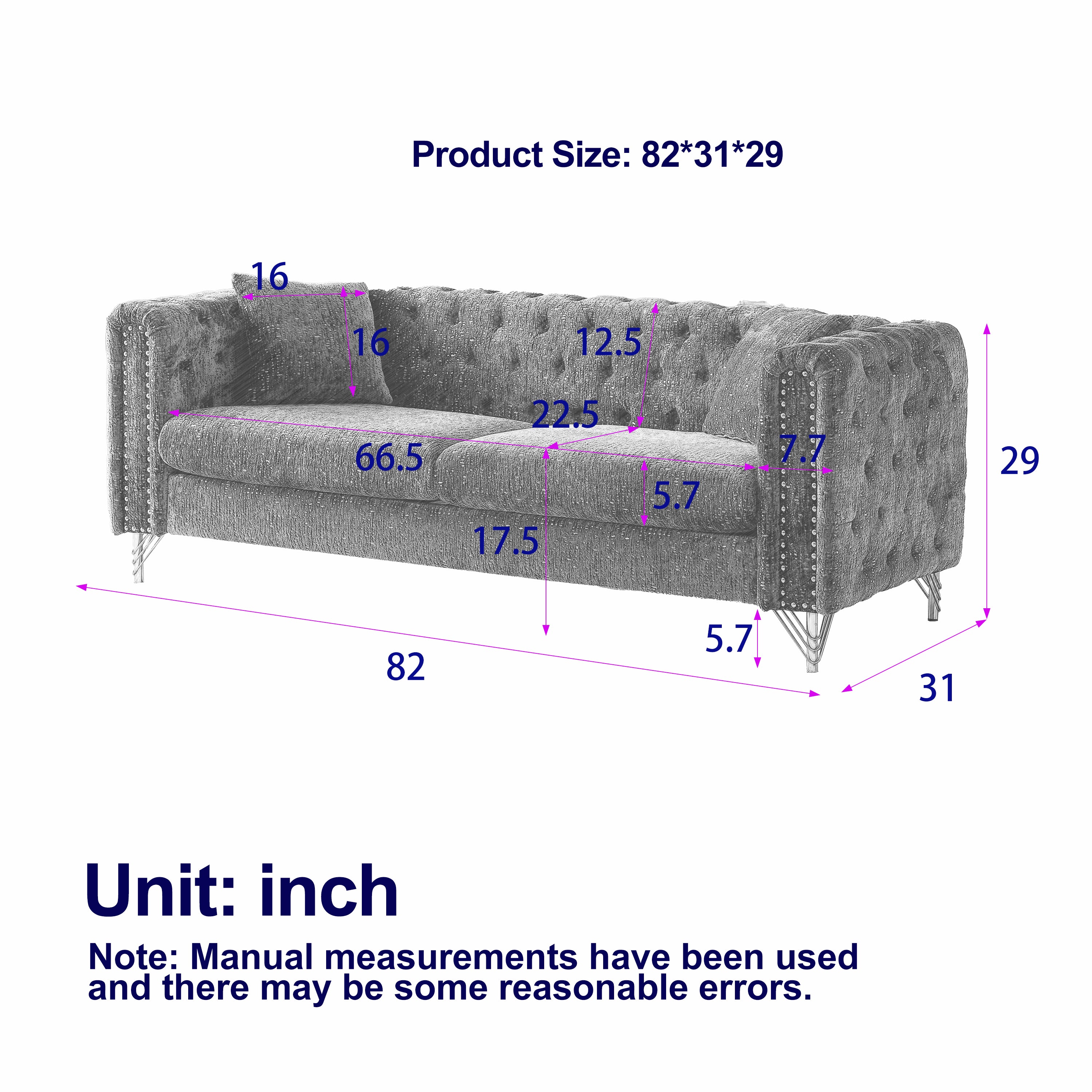 82-Inch Chenille Pull Buckle Design Sofa for Living Room,Buttons Tufted With Copper Nail Decoration Armrest, Modern Couch Upholstered Button And Metal Legs