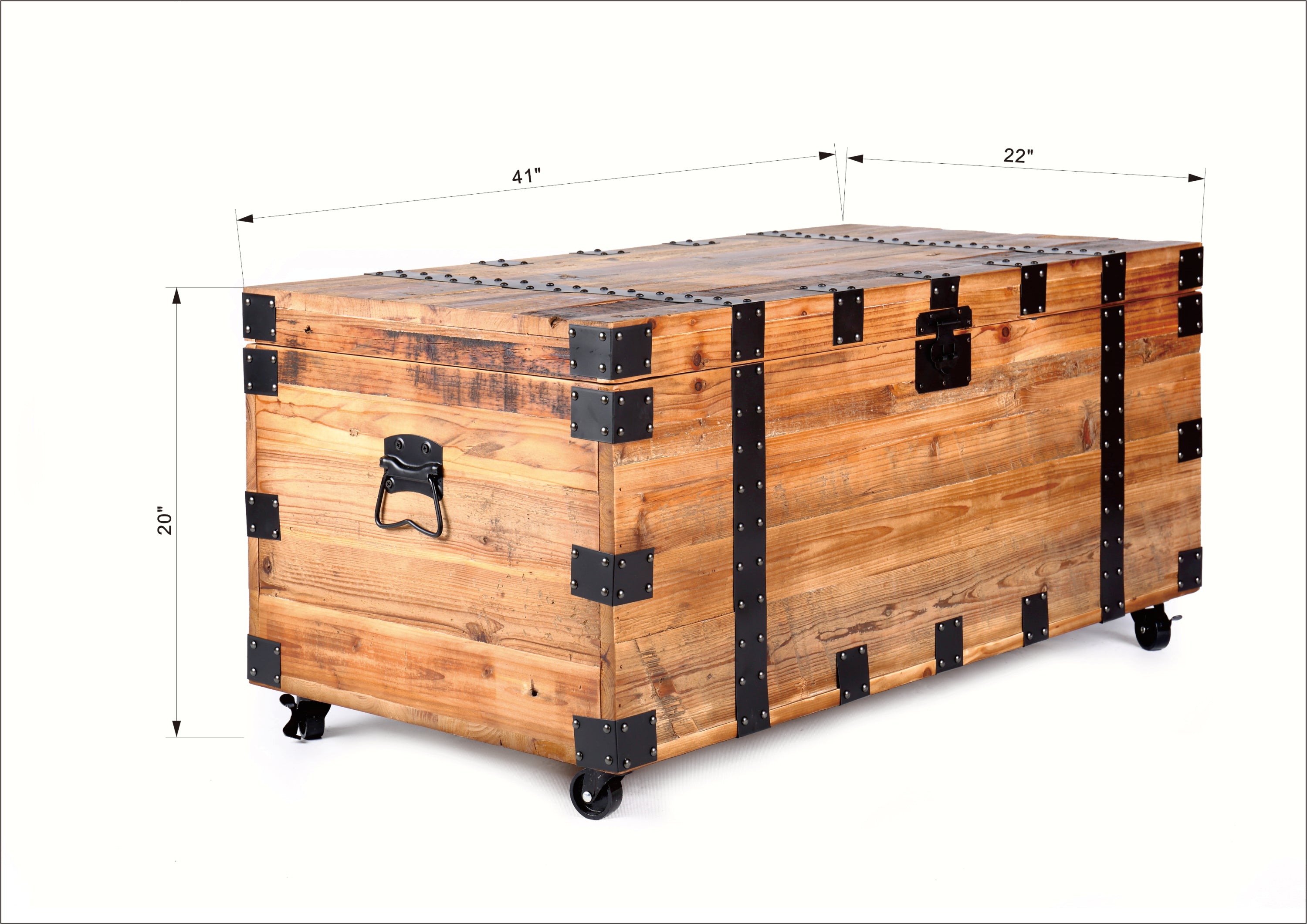 Trunk Table with four wheel Large capacity storage Coffee table, NaturalReclaimed Wood /Black Metal