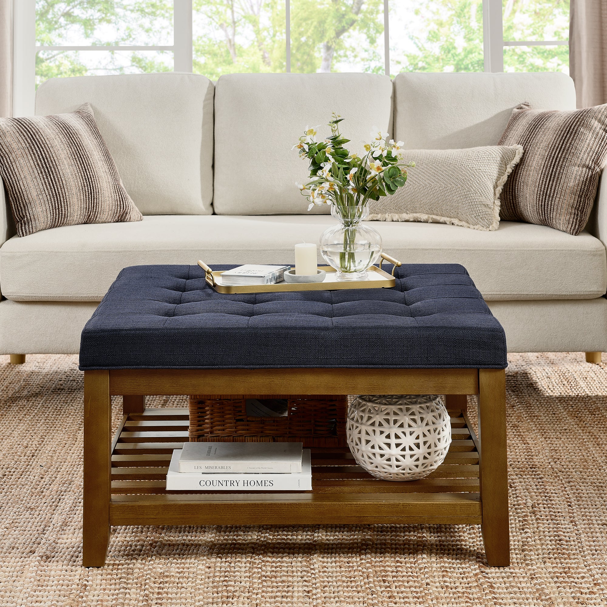 Tufted Upholstered Square Coffee Table Ottoman with Beech Wood Shelf, Oversized Footrest for Living Room, Navy Blue