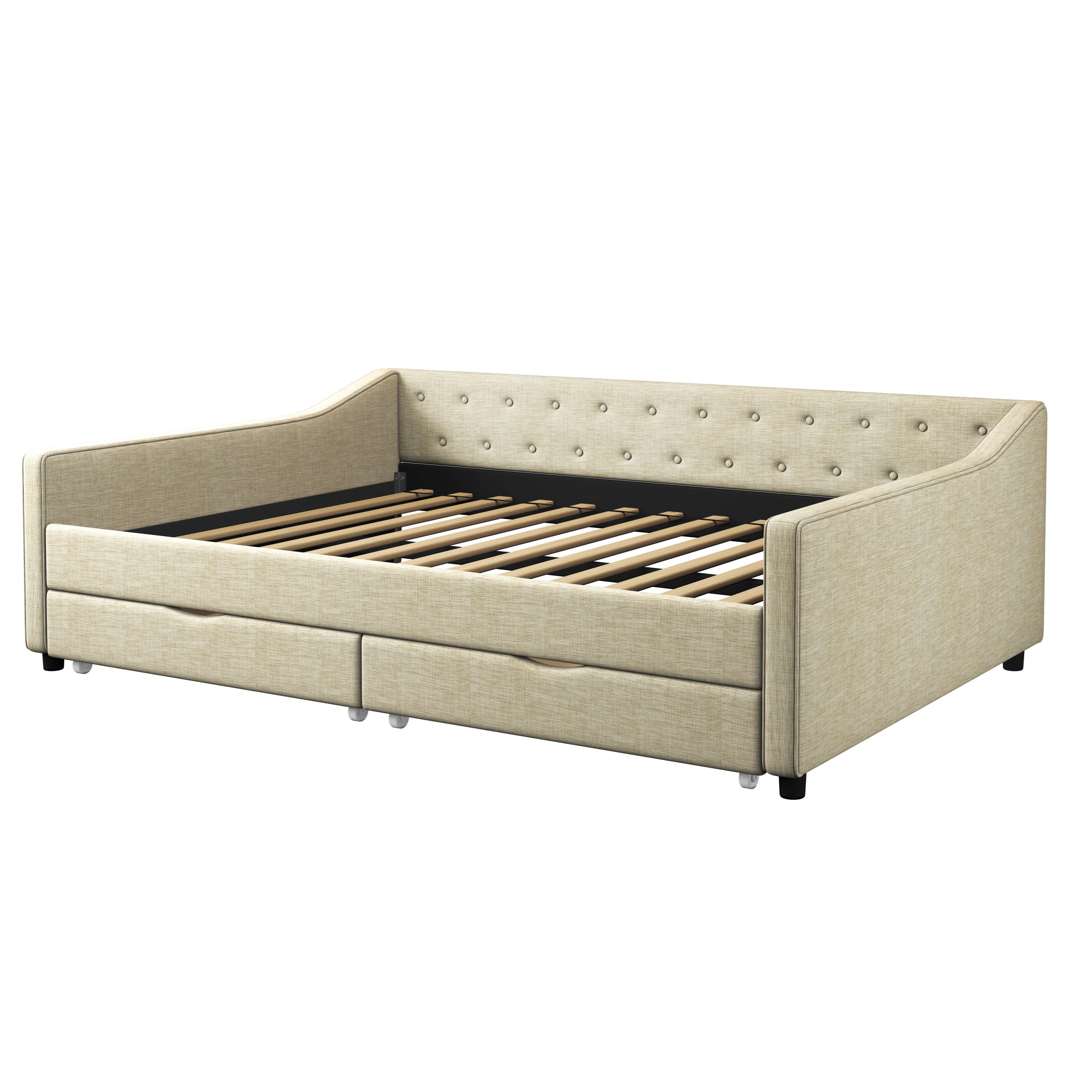 Full Size Daybed with Drawers Upholstered Tufted Sofa Bed, with Button on Back and Piping on Waved Shape Arms-Beige