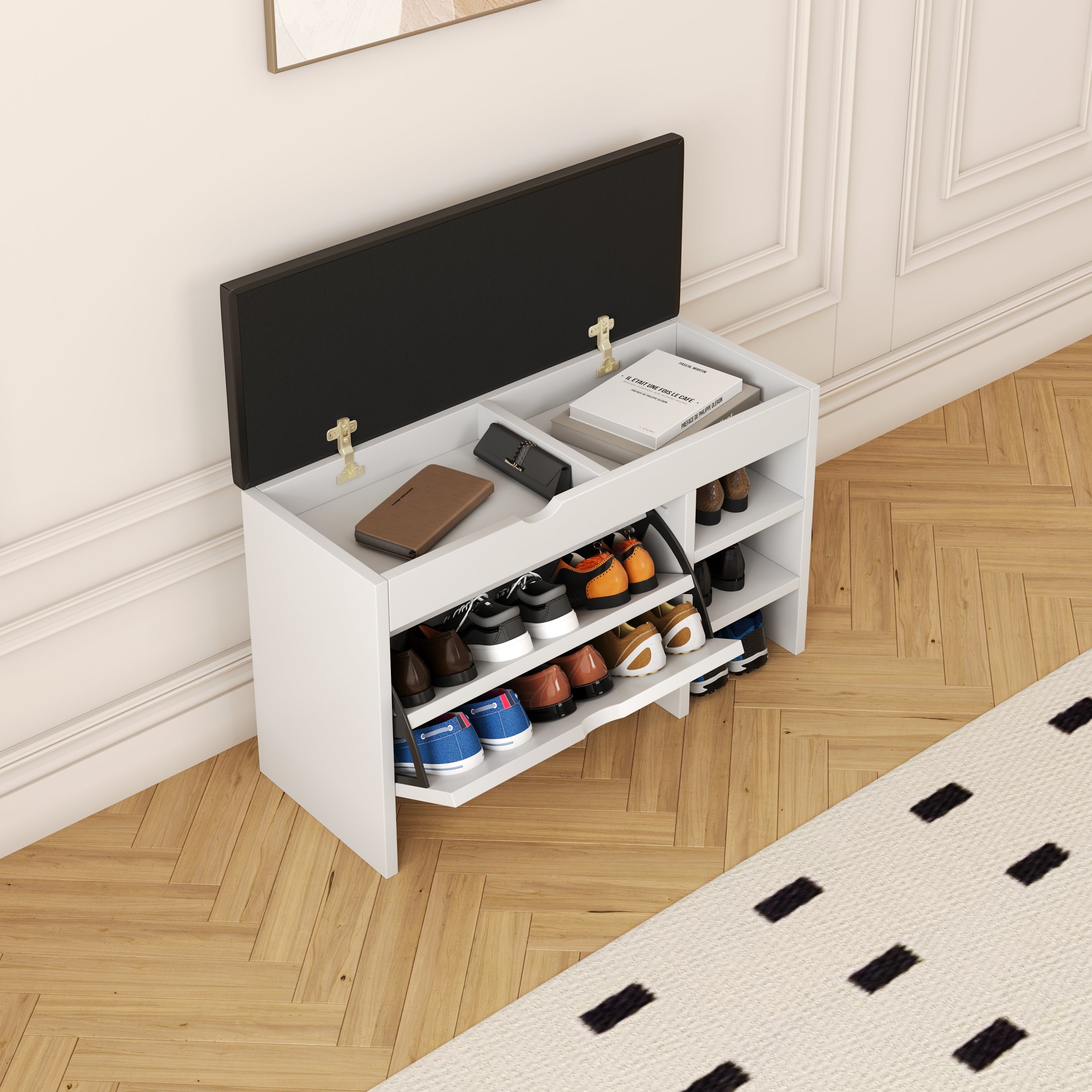 Modern White Shoe Cabinet with Soft Cushion Top for Entry Room