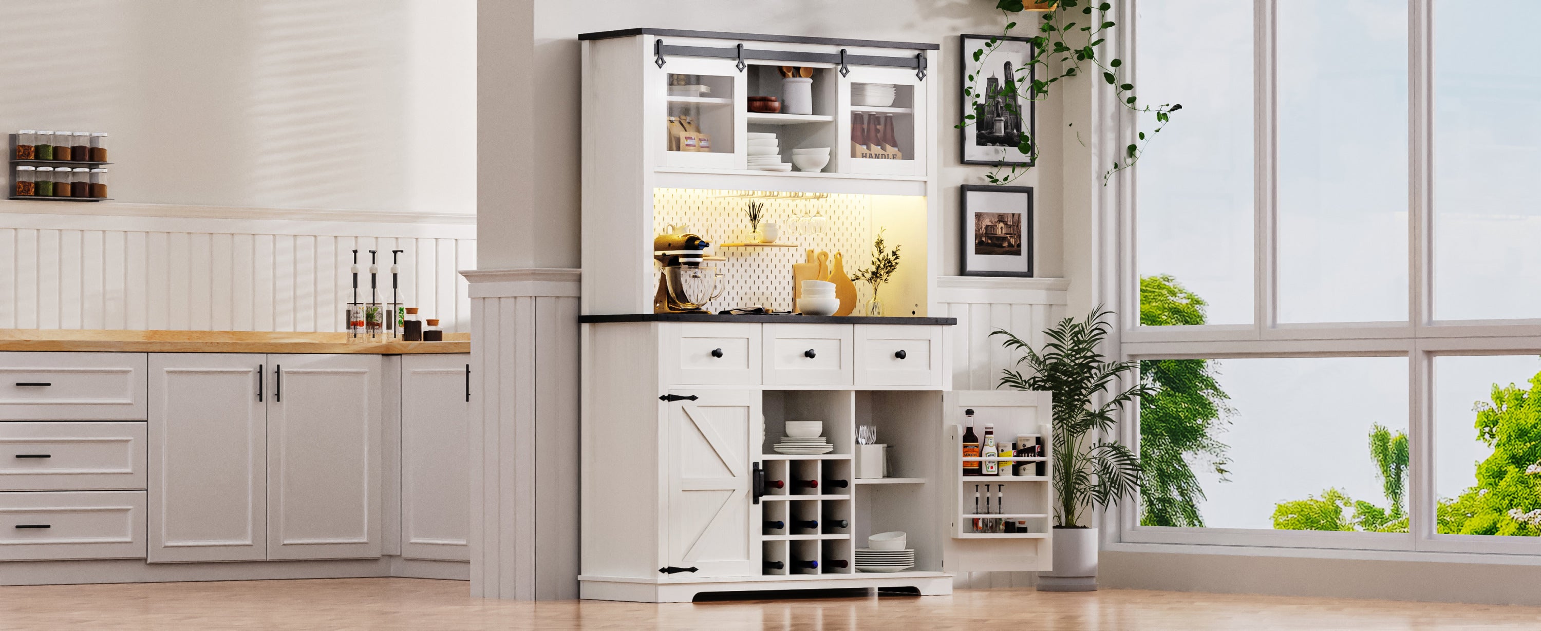 K&K 71" Kitchen Island with Hutch, Sliding Door, Pegboard, Wine & Glasses Rack, Rustic Coffee Bar Storage Cabinet, White