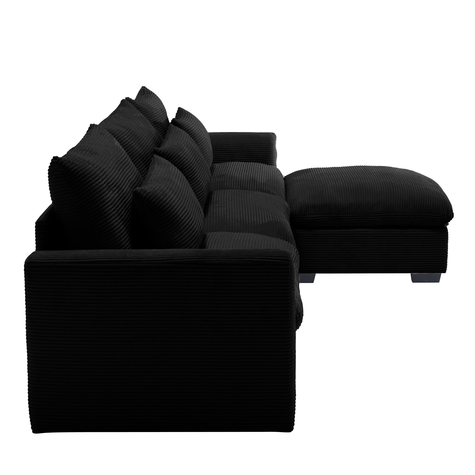 Corduroy Sectional Sofa,  L Shaped Couch with Storage Footstool and 3 Pillow, Sectional Couch for Living Room Apartment, Black