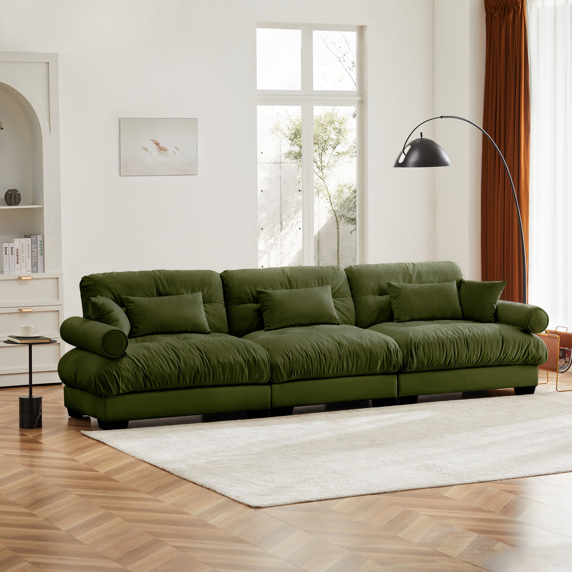 Extra-Large 3-Seater Modern Velvet Sofa, Oversized Cloud-Like Comfort with Waist and Throw Pillows, Olive green