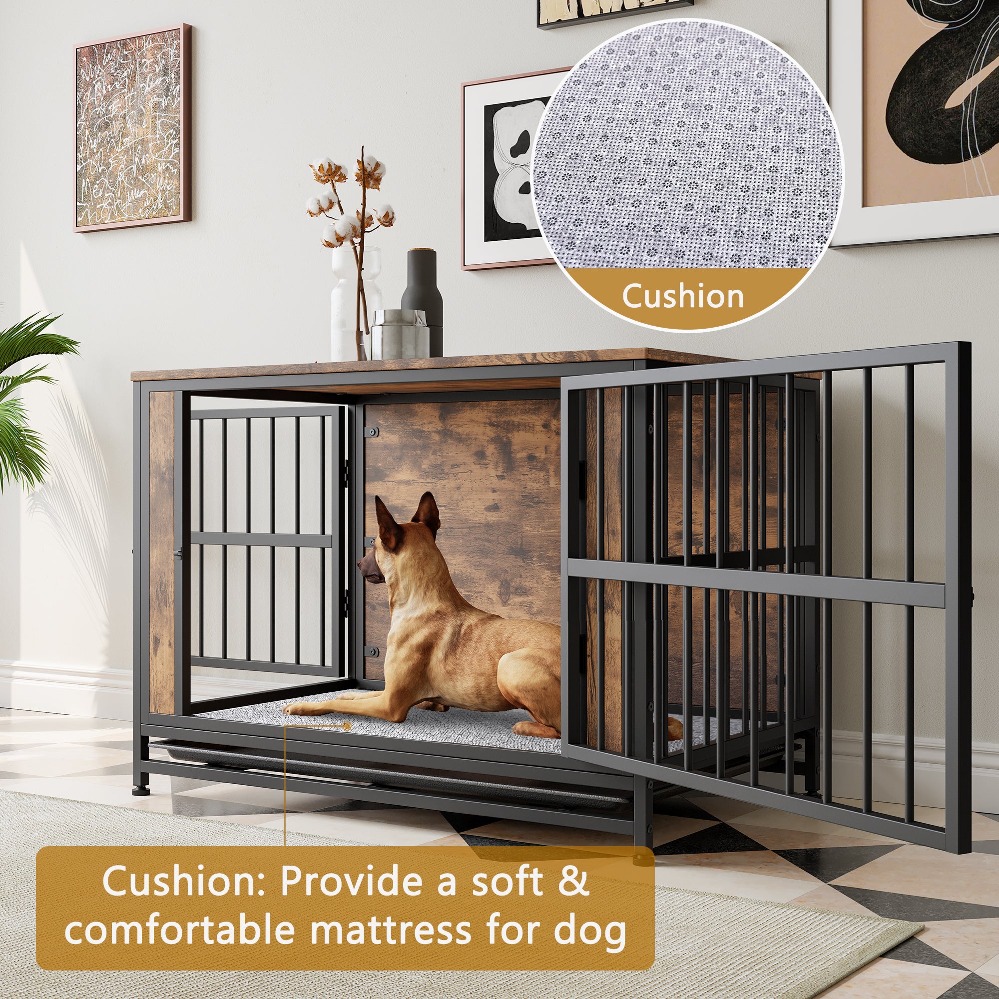 Wooden Dog Crate Furniture, 38.9" with 2 Sliding Doors, Rustic Brown