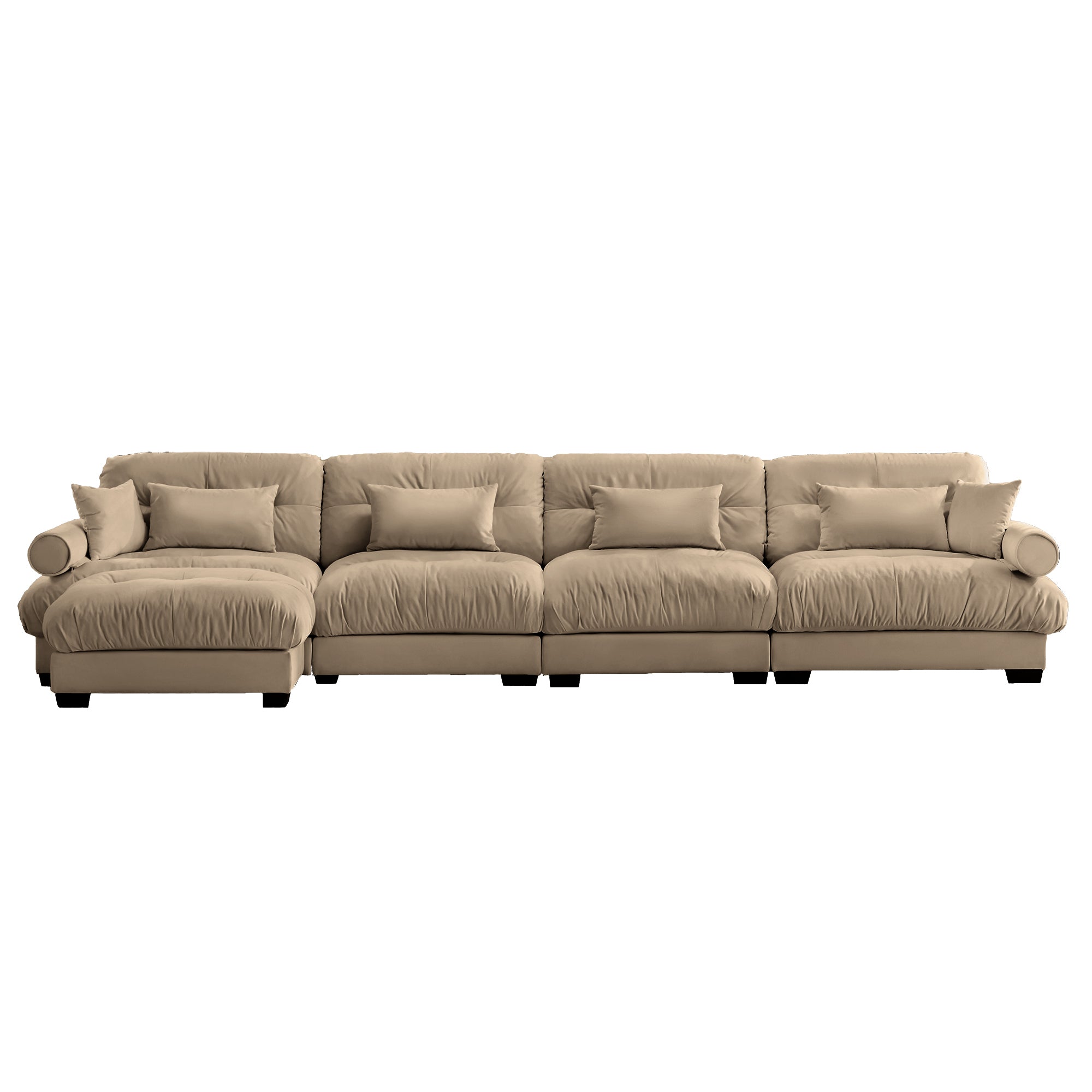 L-Shaped Convertible 4-Seater Cloud Sofa, Modern Velvet with Pillows and Bolstered Armrests,Camel