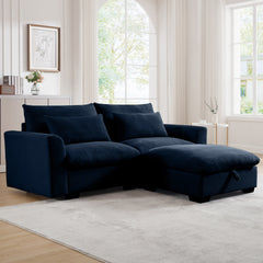 Sectional Sofa Comfy Corduroy Couch for Living Room with Pillows and Round Armrests, Modern Corduroy Sofa Sleeper Deep Couches with Storage Ottoman (Blue, 2-Seat)