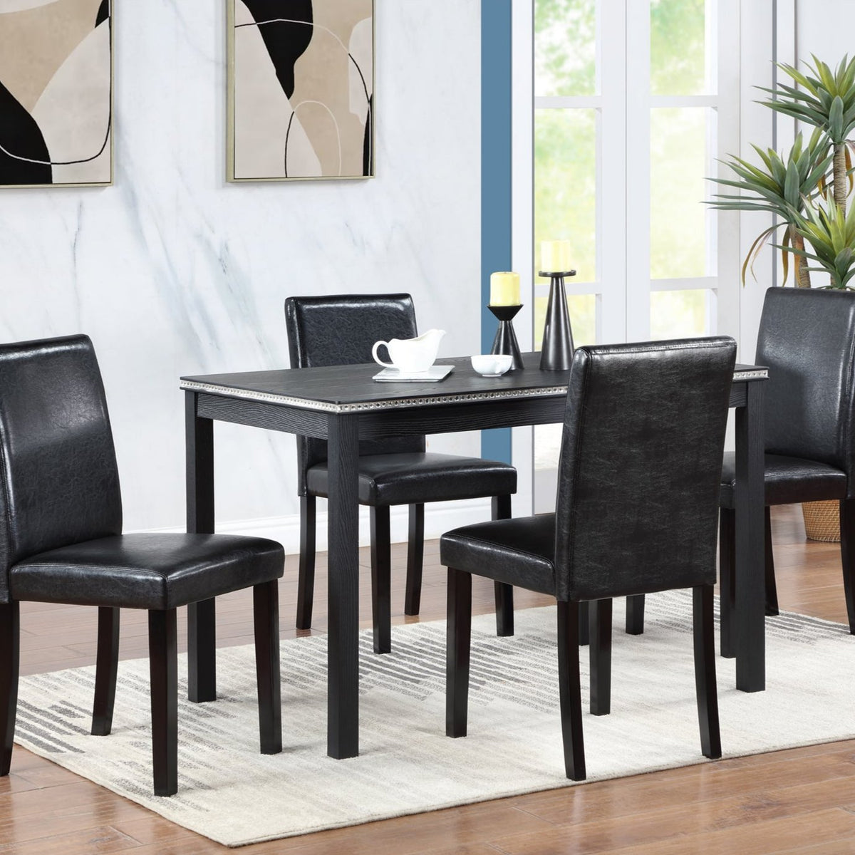 5 Piece Wooden Dining Table Set, Kitchen Table Set with a Rectangular Table and 4 Upholstered Chairs, Wooden Dining Room Table with Crystal Decoration and Chairs Set for Kitchen, Dining Room, Black