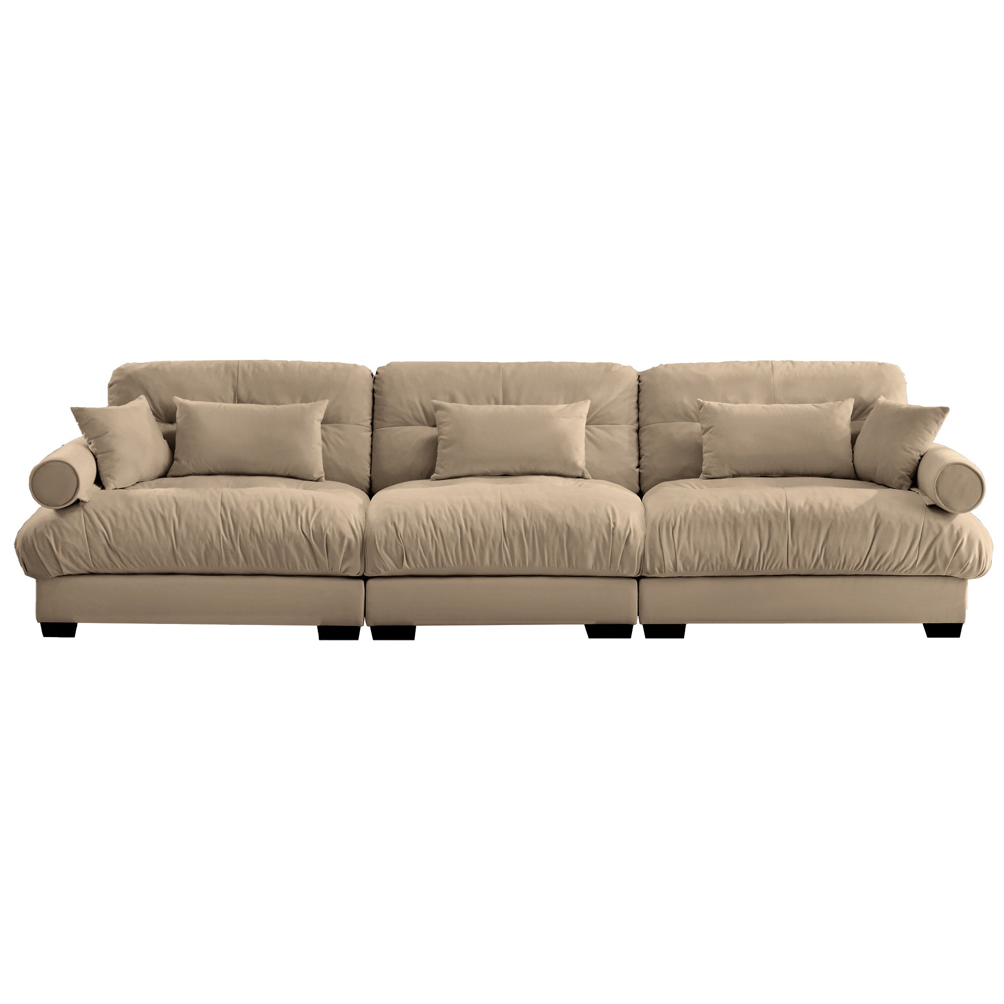 Extra-Large 3-Seater Modern Velvet Sofa, Oversized Cloud-Like Comfort with Waist and Throw Pillows, Camel