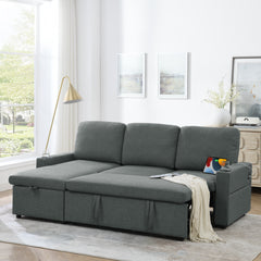 Linen Upholstered Sleeper Sectional Sofa, Shaped Modular Convertible Sofa with Storage Chaise,Side armrests with cup holders,Pull Out Sleep Couch Bed ,Grey