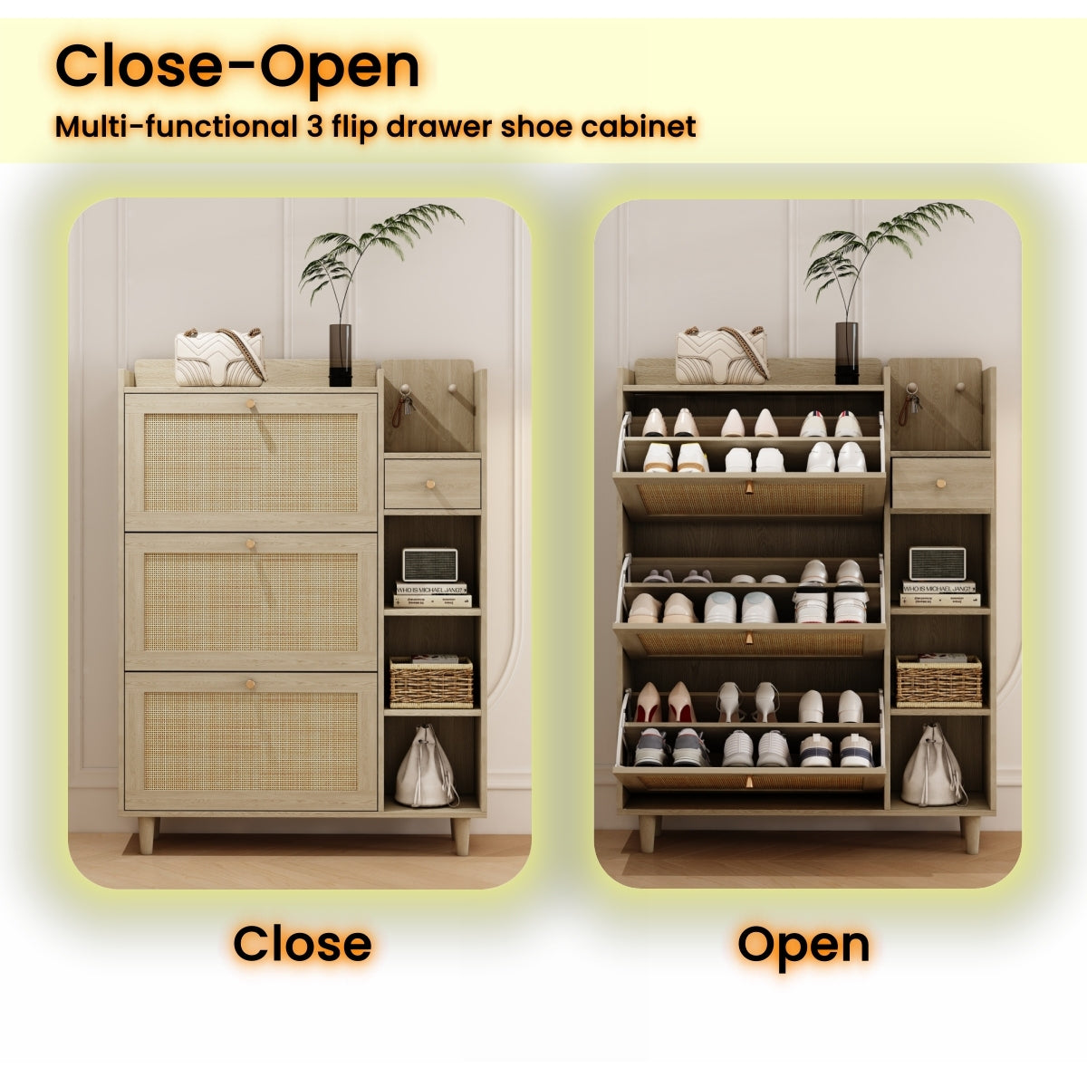 Boho Shoe Cabinet with 3 Rattan Flip Drawers & Storage, Natural