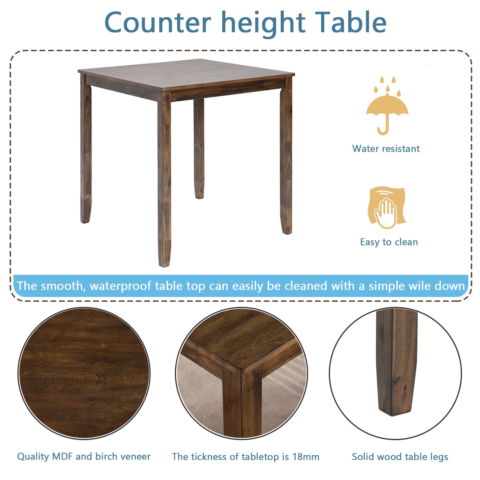 Wooden Dining Square Table, Kitchen Table for Small Space, 4 Person Counter Height Table, Walnut
ONLY THE TABLE