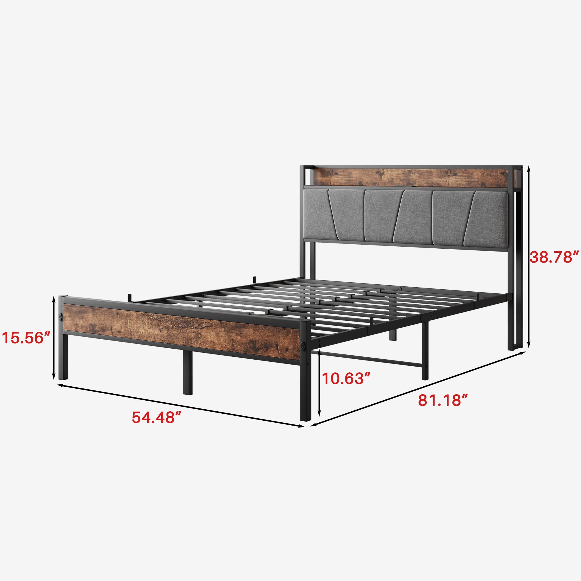 Full Bed Frame with Storage Headboard & Charging Station, Brown/Gray