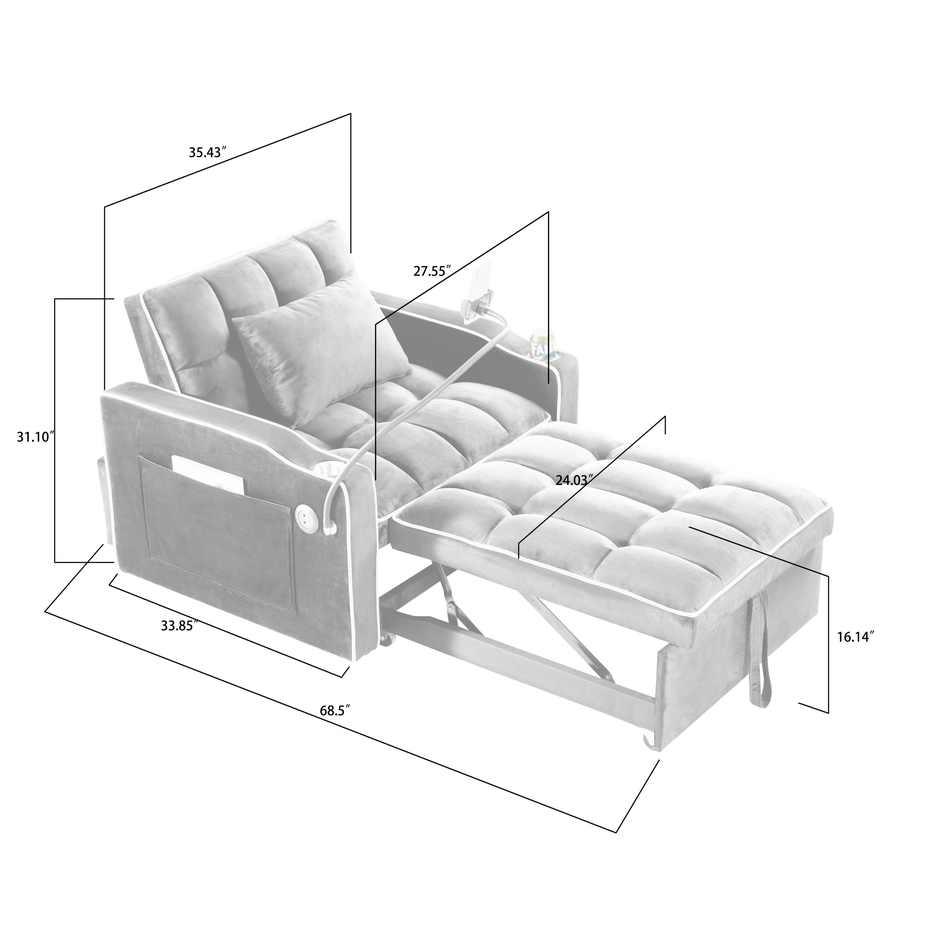 Convertible Chair Sofa Bed, Adjustable Pull-Out Design with Multi-Pockets for Living Room and Small Spaces, Black