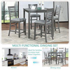 5 Piece Dining Table Set, Wooden Dining Square Table Set for 4, Counter Height Kitchen Table Set with Square Table and 4 Upholstered Chairs for Small Space, Gray