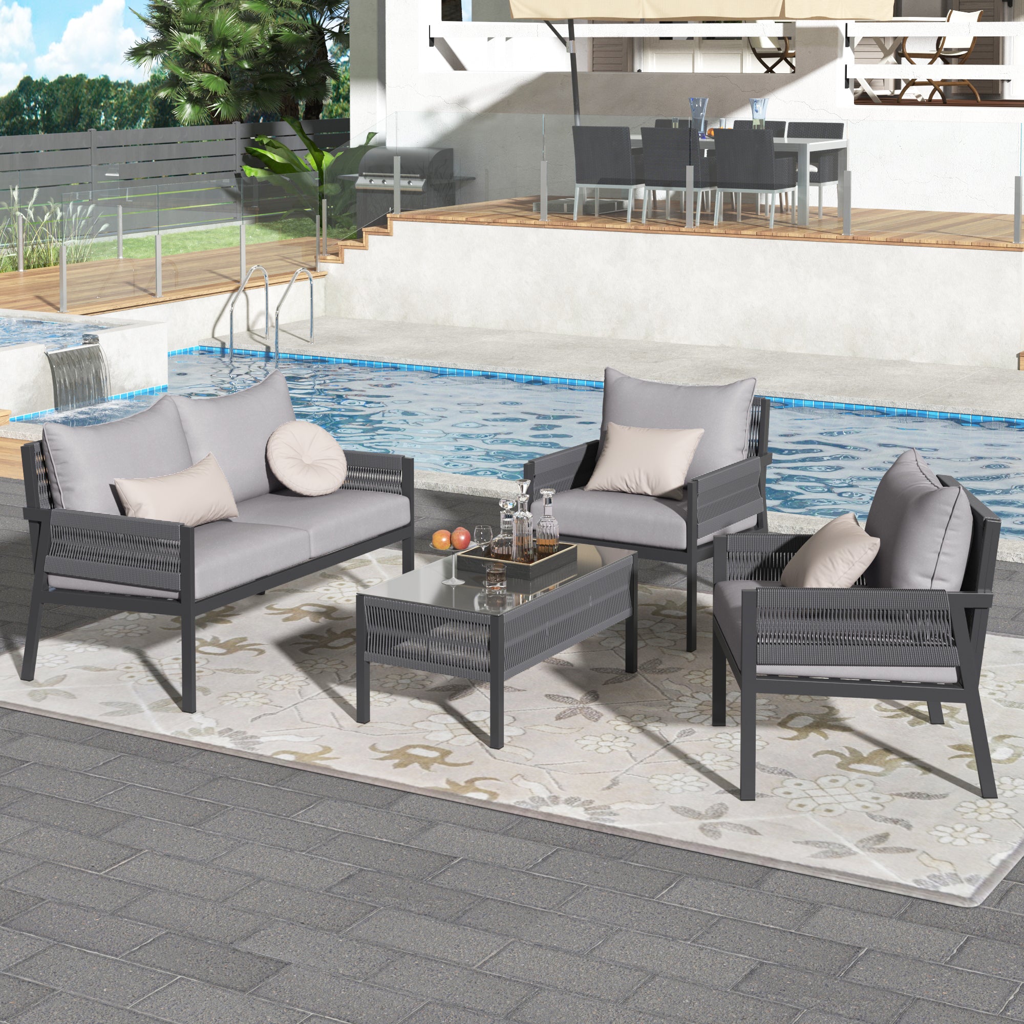 K&K 4-Piece Rope Patio Furniture Set with Tempered Glass Table-Patio Conversation Set Deep Seating with Thick Cushion for Backyard Porch Balcony, Grey