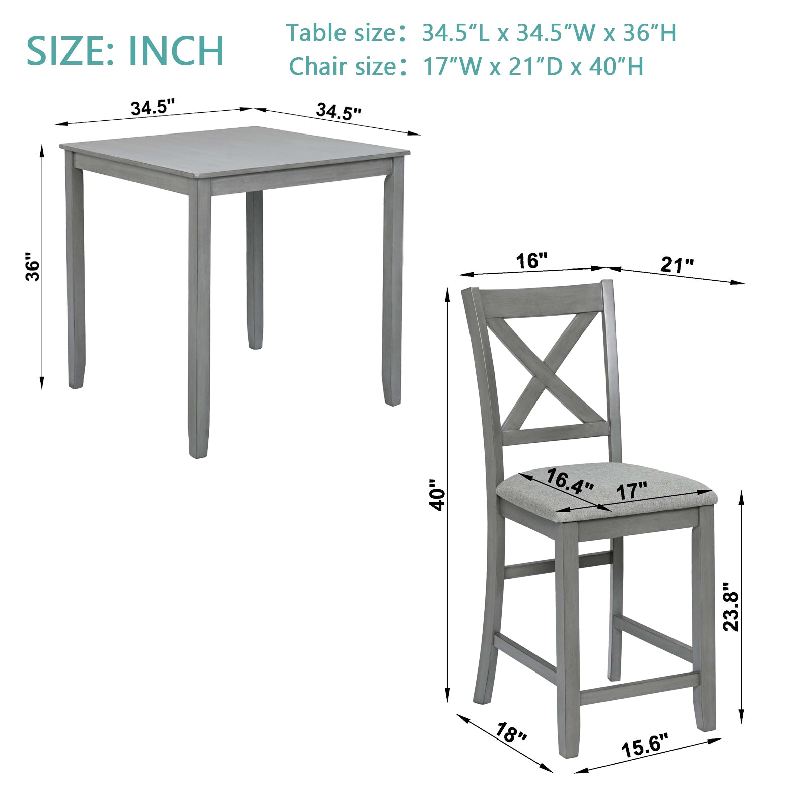 5 Piece Dining Table Set, Wooden Dining Square Table Set for 4, Counter Height Kitchen Table Set with Square Table and 4 Upholstered Chairs for Small Space, Gray