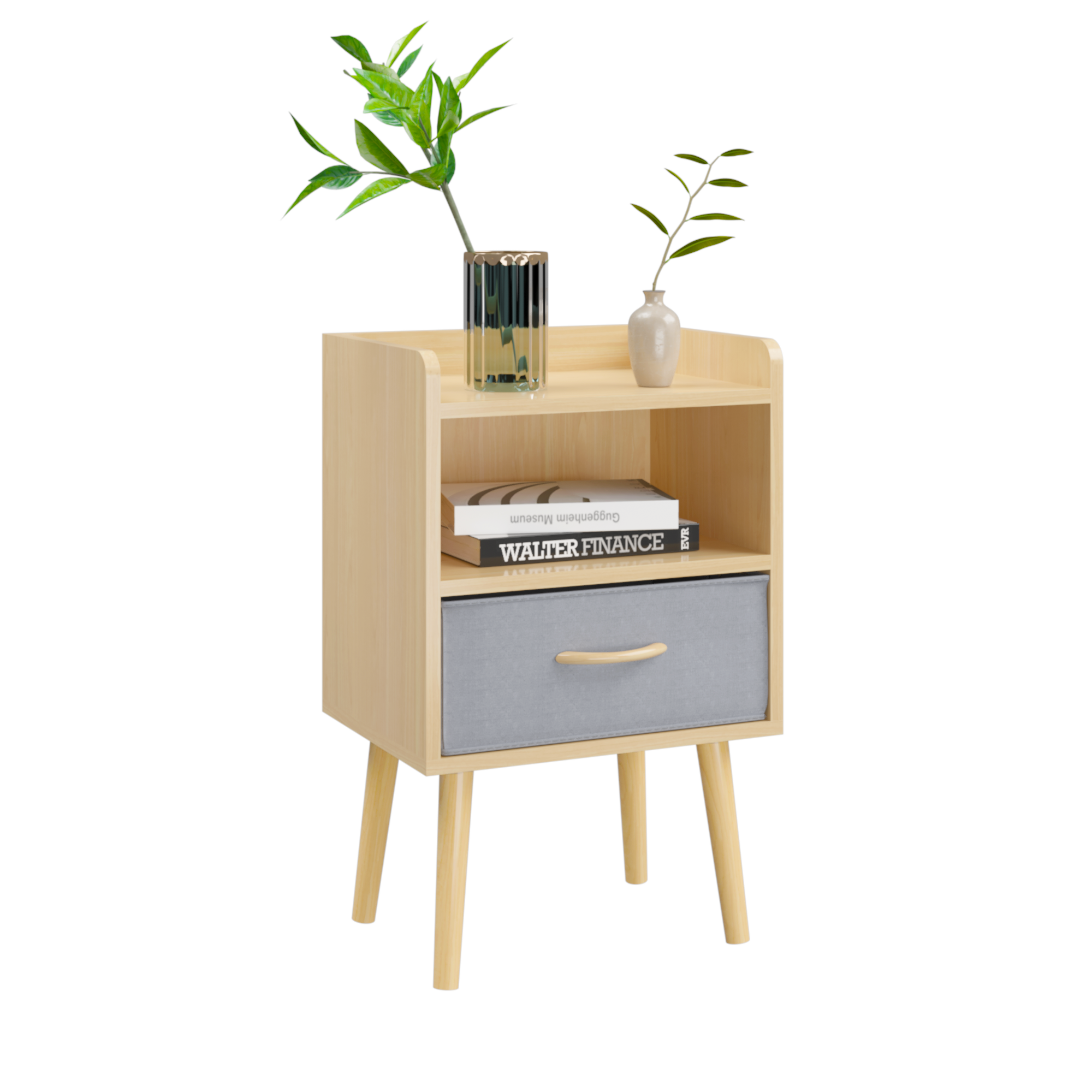 Nightstand With Collapsible Fabric Drawer, 2-Tier Storage End Table, Wood Side Table with Storage Cabinet or Kids, Adults - Oak